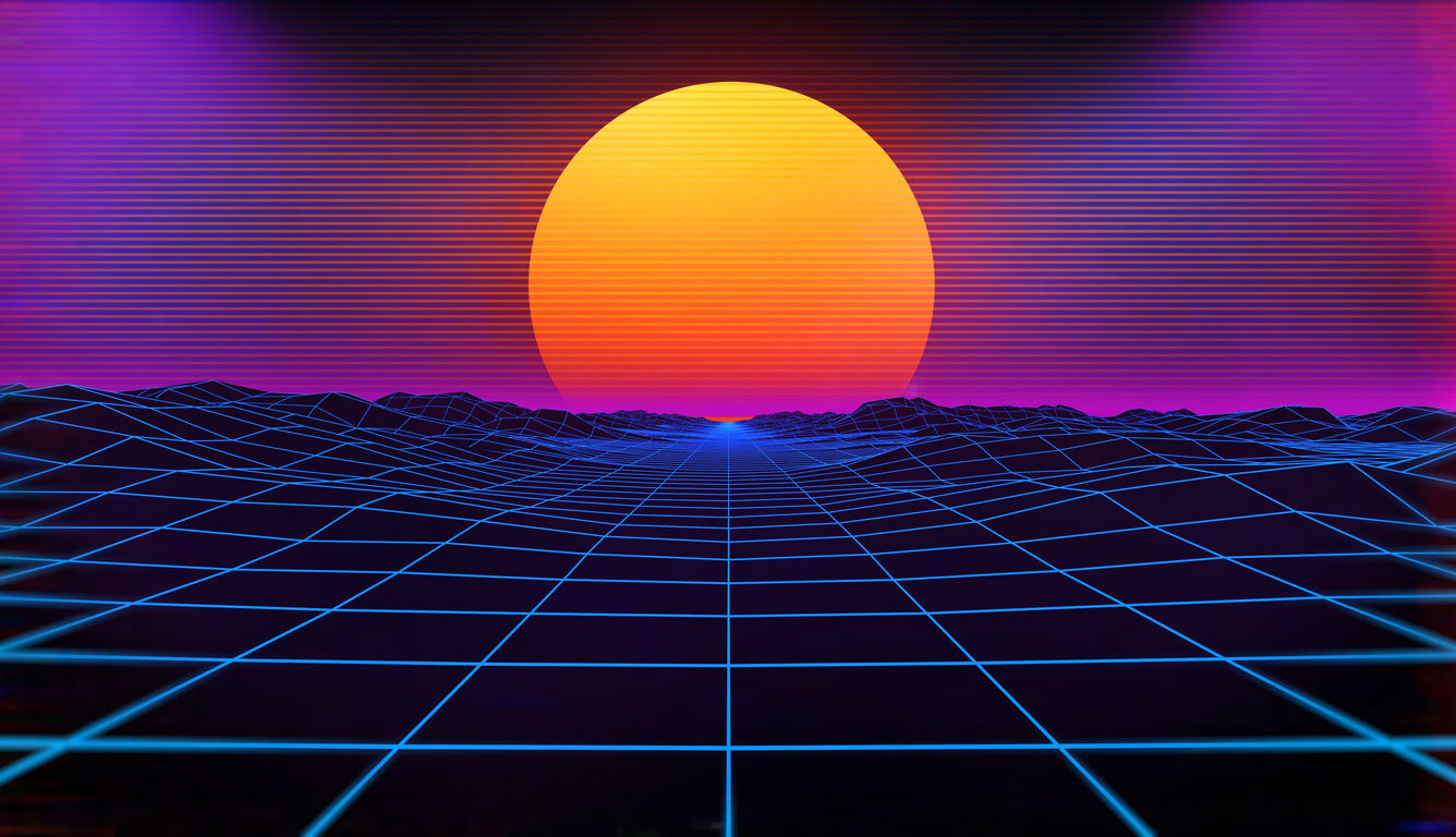Wallpaper #63P7gY4BFI5NbQksYRjO7 1336x768 Cyberpunk Sunset Grid Mountains Sun Dark Design Laptop HD Hd
