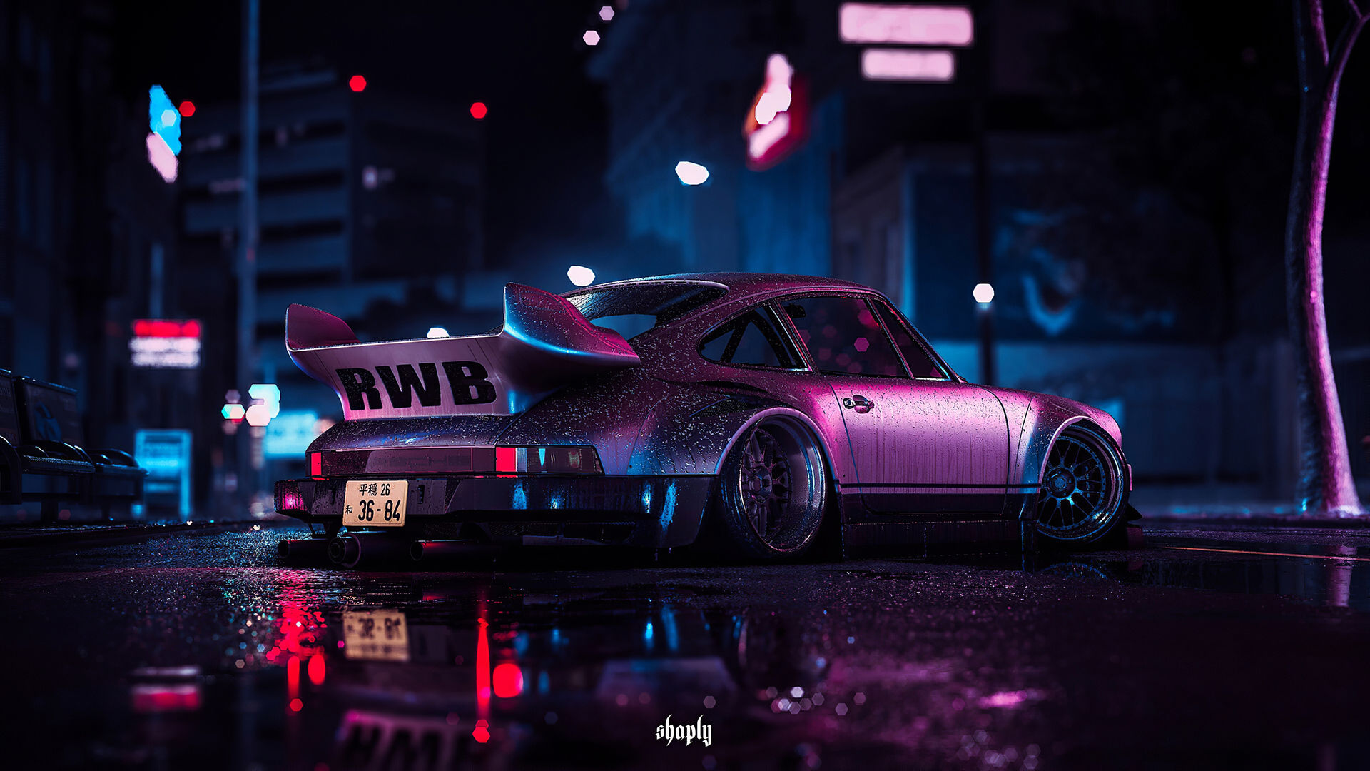 Wallpaper #6HOoiI4BFI5NbQksoSFu50 A Purple Porsche Rwb Parked in the Rain at Night