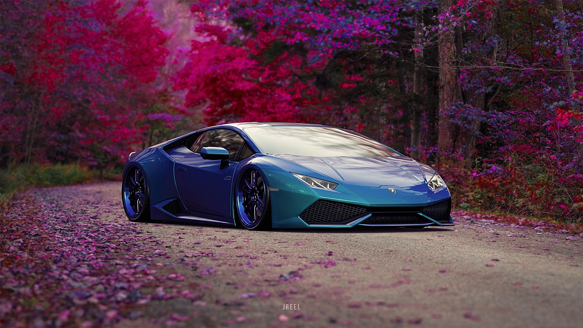 Wallpaper #-nP_iI4BFI5NbQks_iGJ13 A Blue Lamborghini Aventador SVJ Roadster Drives Through a Forest of Pink Trees