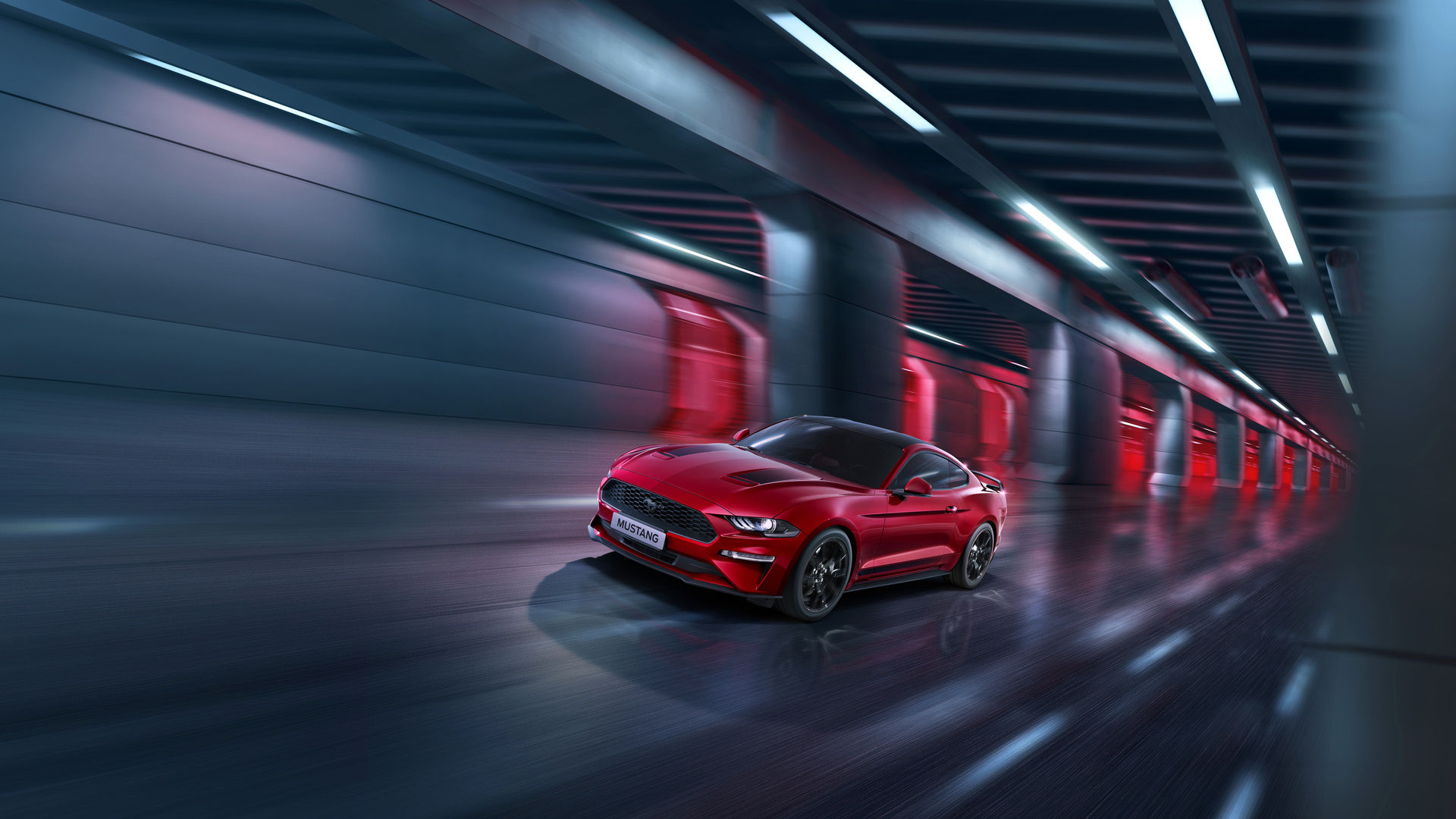 Wallpaper #_kWjoY4B7YBJg1BVvqN833 A Red Ford Mustang Driving Fast in a Tunnel
