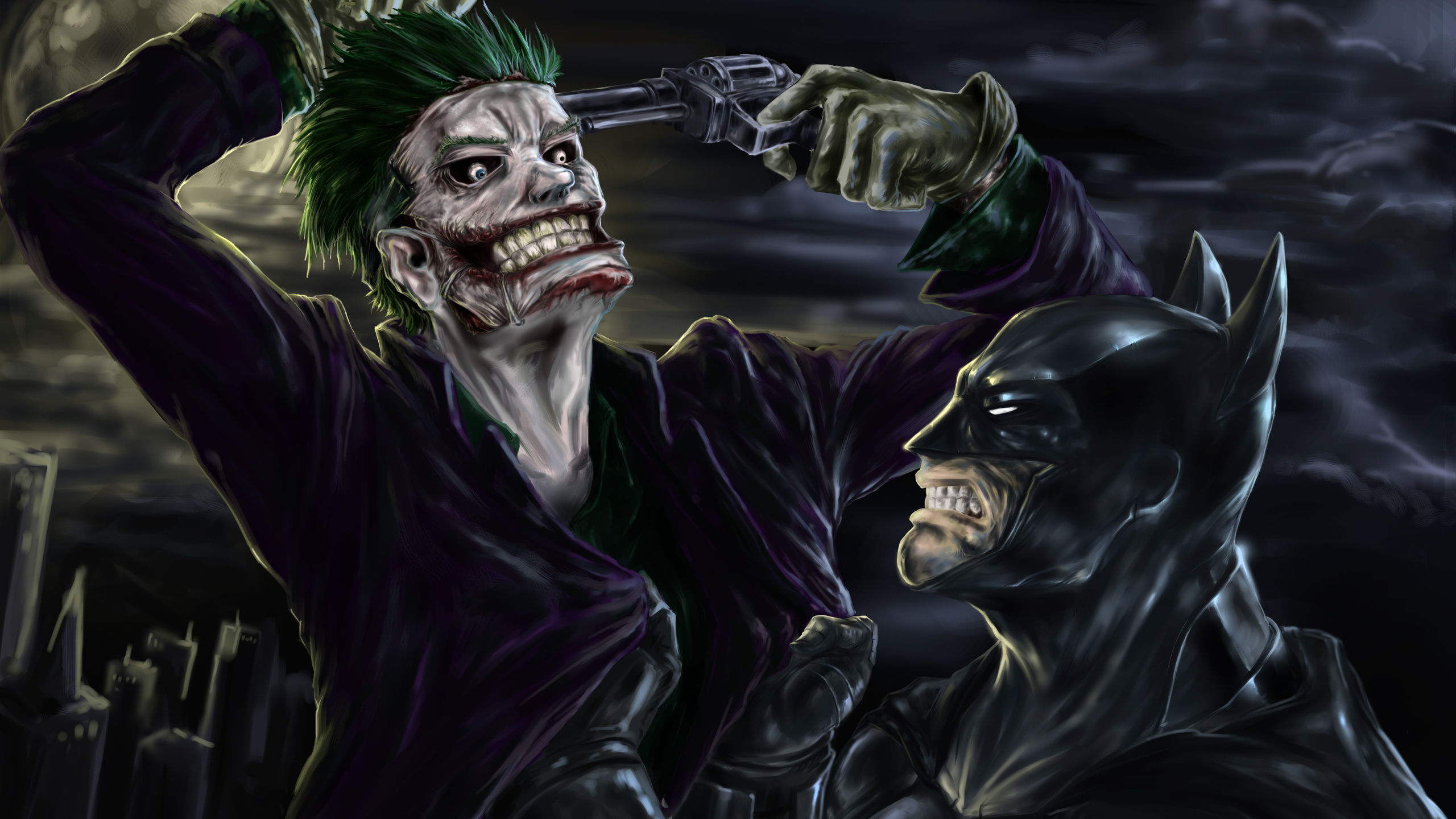 Wallpaper #KEUdlo4B7YBJg1BVvKAK13 The Joker Holding a Gun to Batman's Head