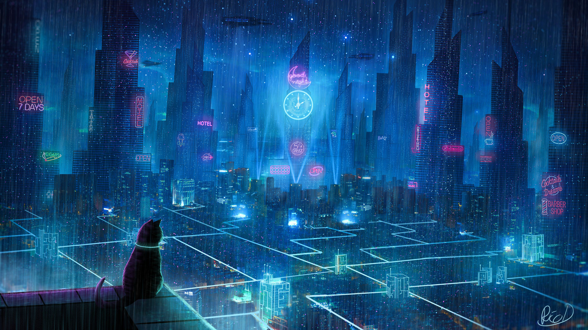 Wallpaper #h3QazI4B_8f4nGFaInSb39 2048x1152 Cat Rain Dream Cyberpunk City 4K Wallpaper2048x1152