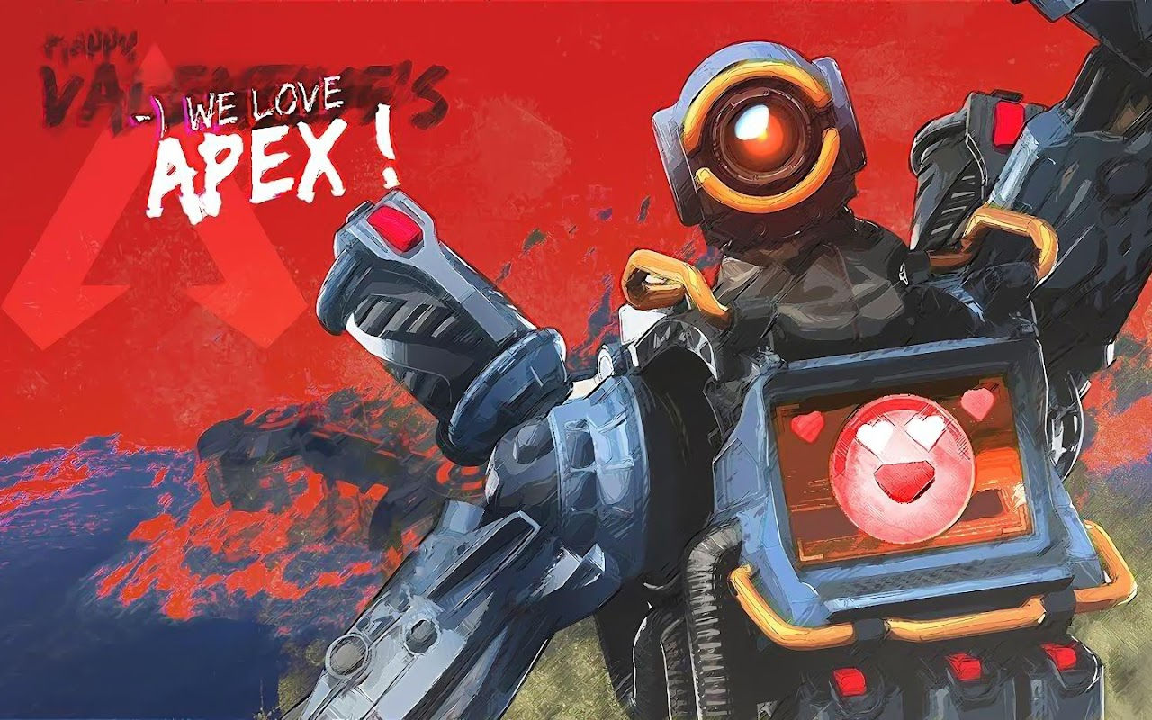 Wallpaper #Y3P1fo4BFI5NbQksGRel13 A Robot Holding a Gun with the Words "we Love Apex" in the Background
