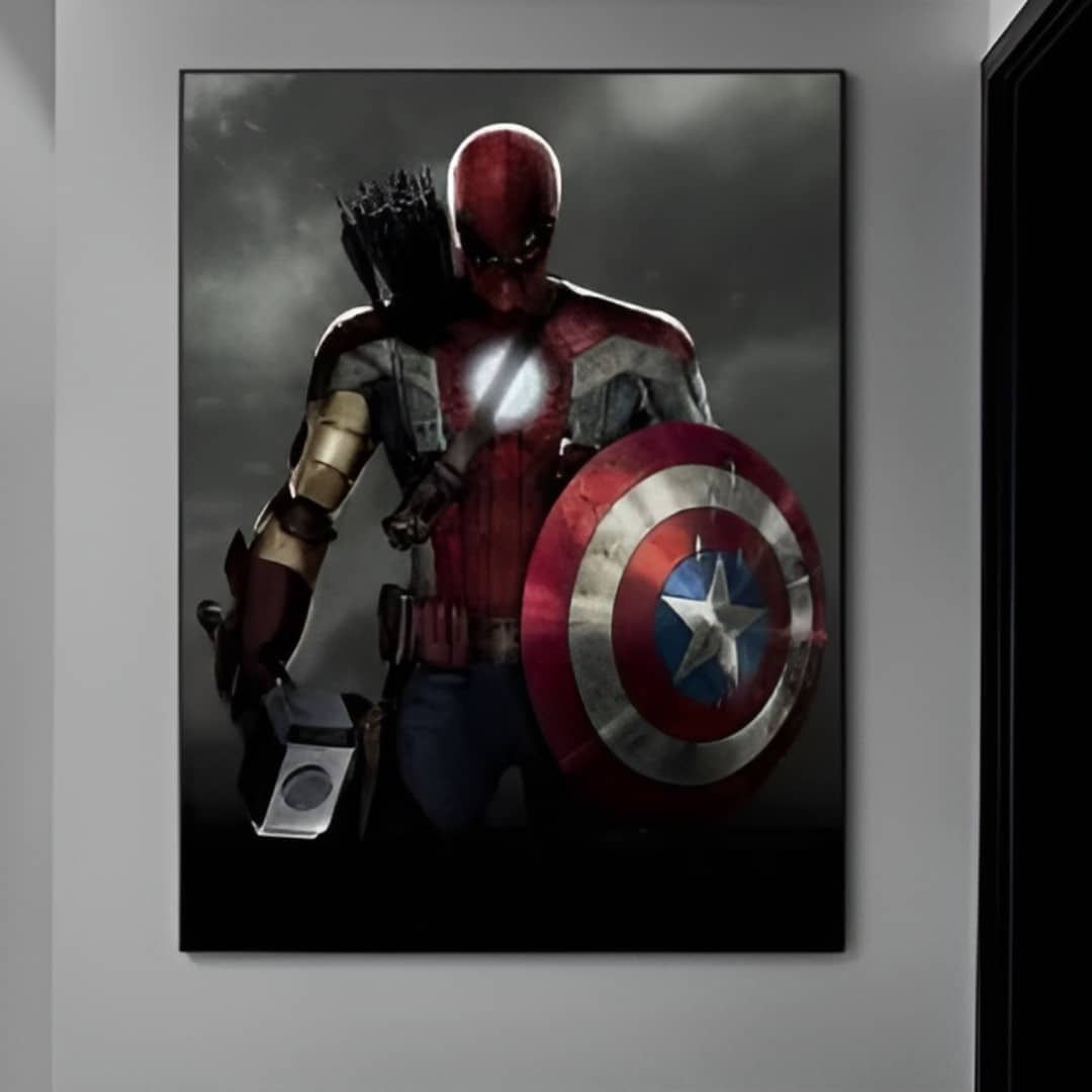 Wallpaper #GmjXGZMBSpphPi3-HRkv91 Figure with Captains America Shield Thors Hammer Printed on Canvas