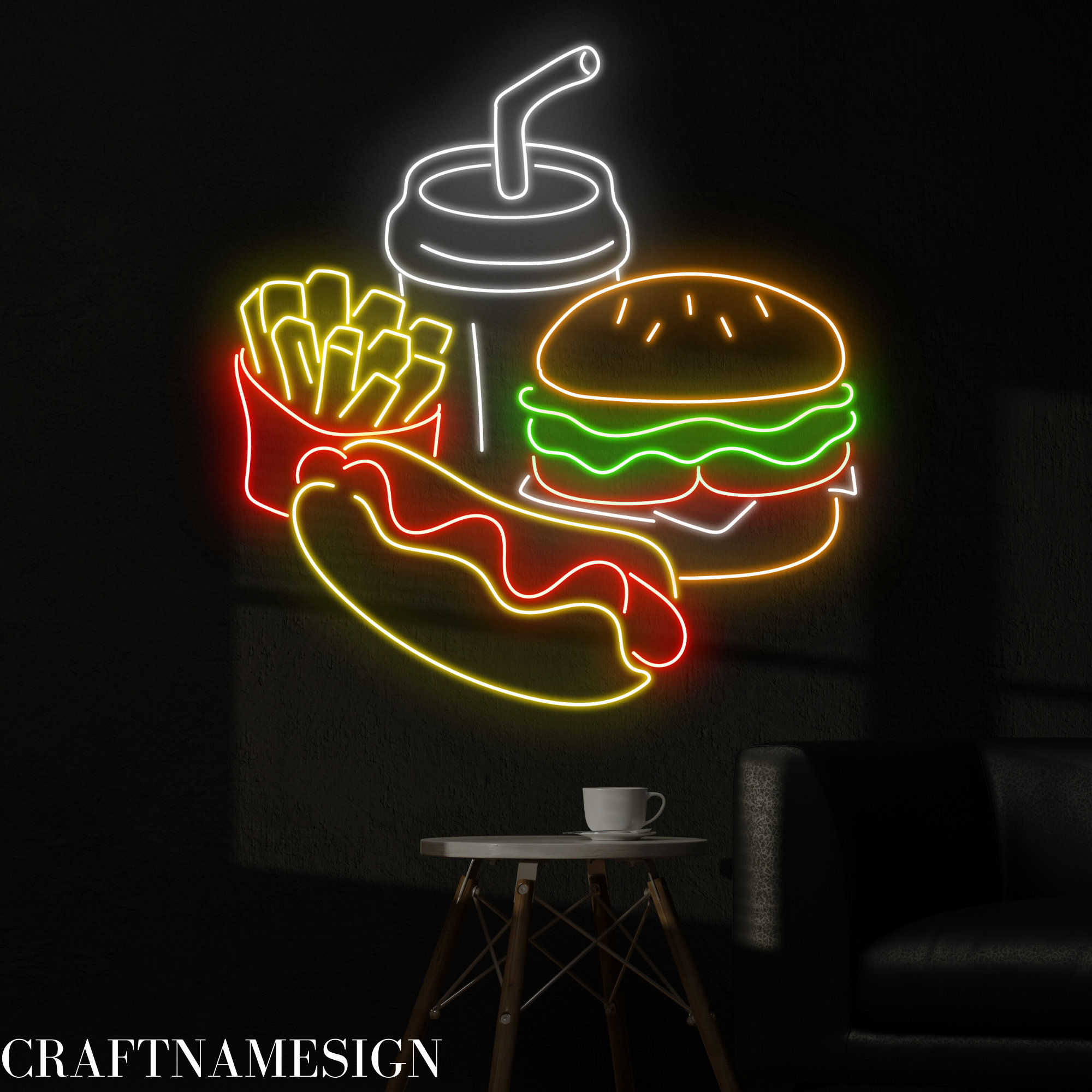 Wallpaper #s2dH-ZIBSpphPi3-74wo237 Burger Hot Dog French Fries Soda Neon Sign Craft Name Sign