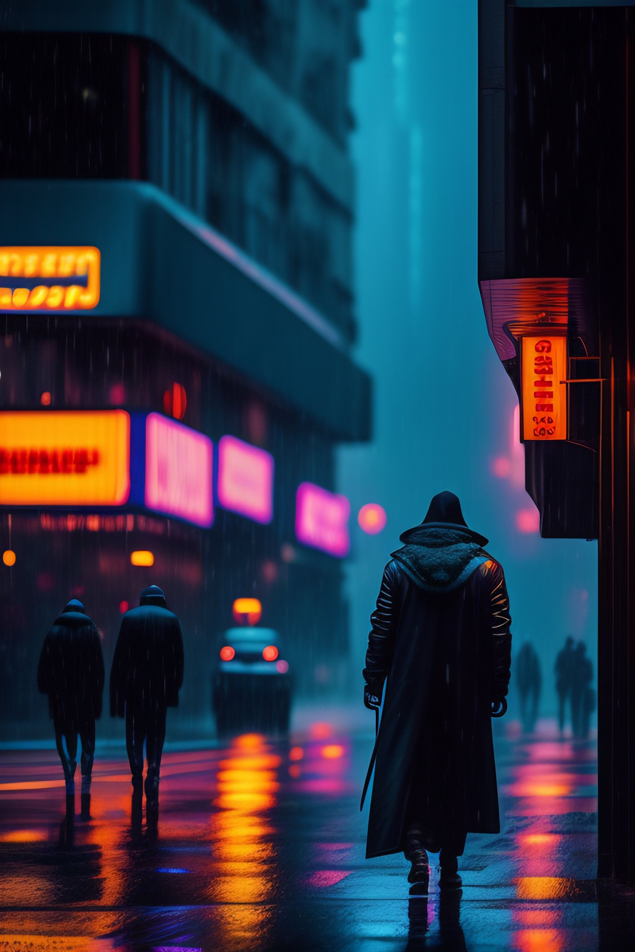 Wallpaper #0GgmGJMBSpphPi3-_xE1205 Lexica Cyberpunk Street Scene Raining Night Time with Neon Signs a