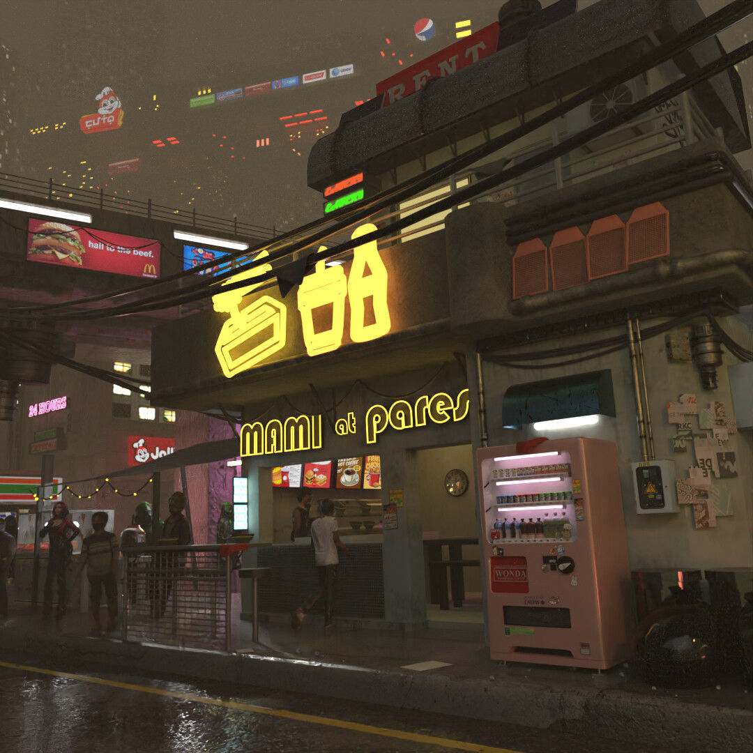 Wallpaper #tBX-t44BmMigT4UnzlQN2 A Neon Sign for a Restaurant Called "mami at Pares" in a Rainy City Street with People Waiting in Line