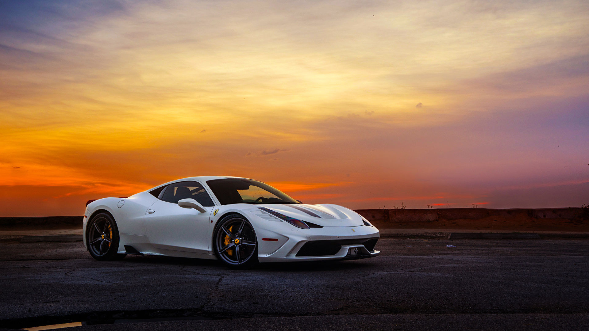 Wallpaper #f3Mgf44BFI5NbQksdBdR3 A White Ferrari 458 Speciale Parked on an Airport Runway at Sunset