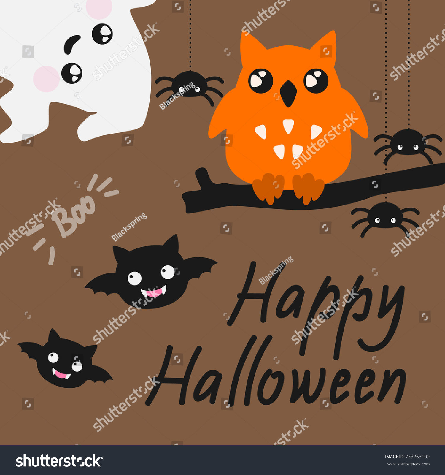 Wallpaper #F_SlOZMBKFX8bn3rEHfZ223 Cute Halloween Card with Spiders Ghost and Owl Royalty Free Stock