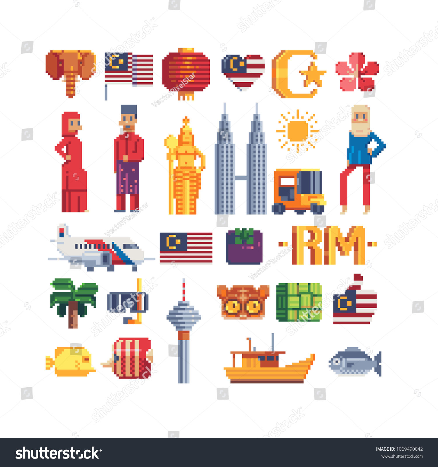 Wallpaper #42exDJMBSpphPi3-h9_r152 Vektor Stok Travel Malaysia Pixel Art 80s Style Tanpa Royalti