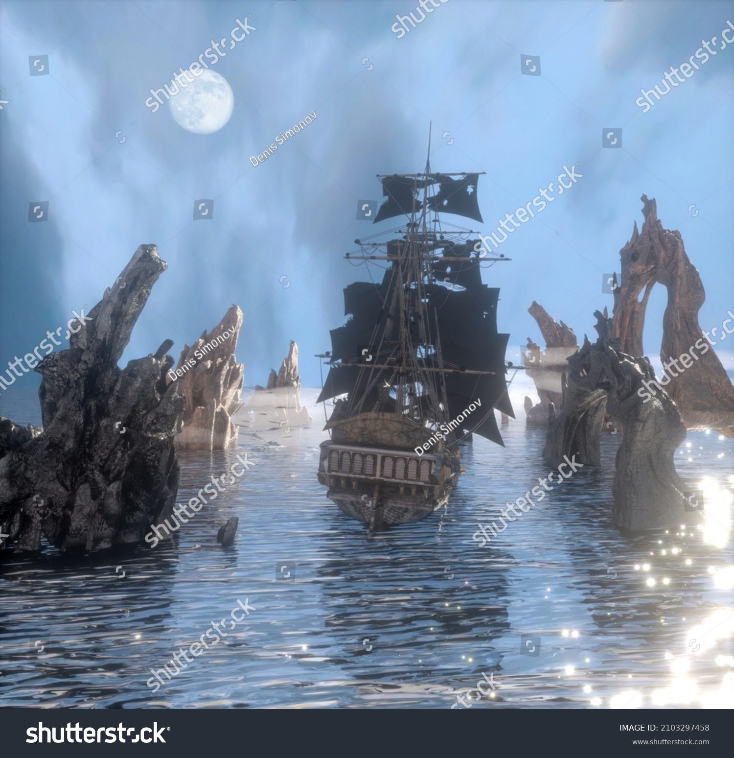 Wallpaper #Lmds-ZIBSpphPi3-8I3425 Old Scary Pirate Ship Sea Render Stock Illustration 2103297458