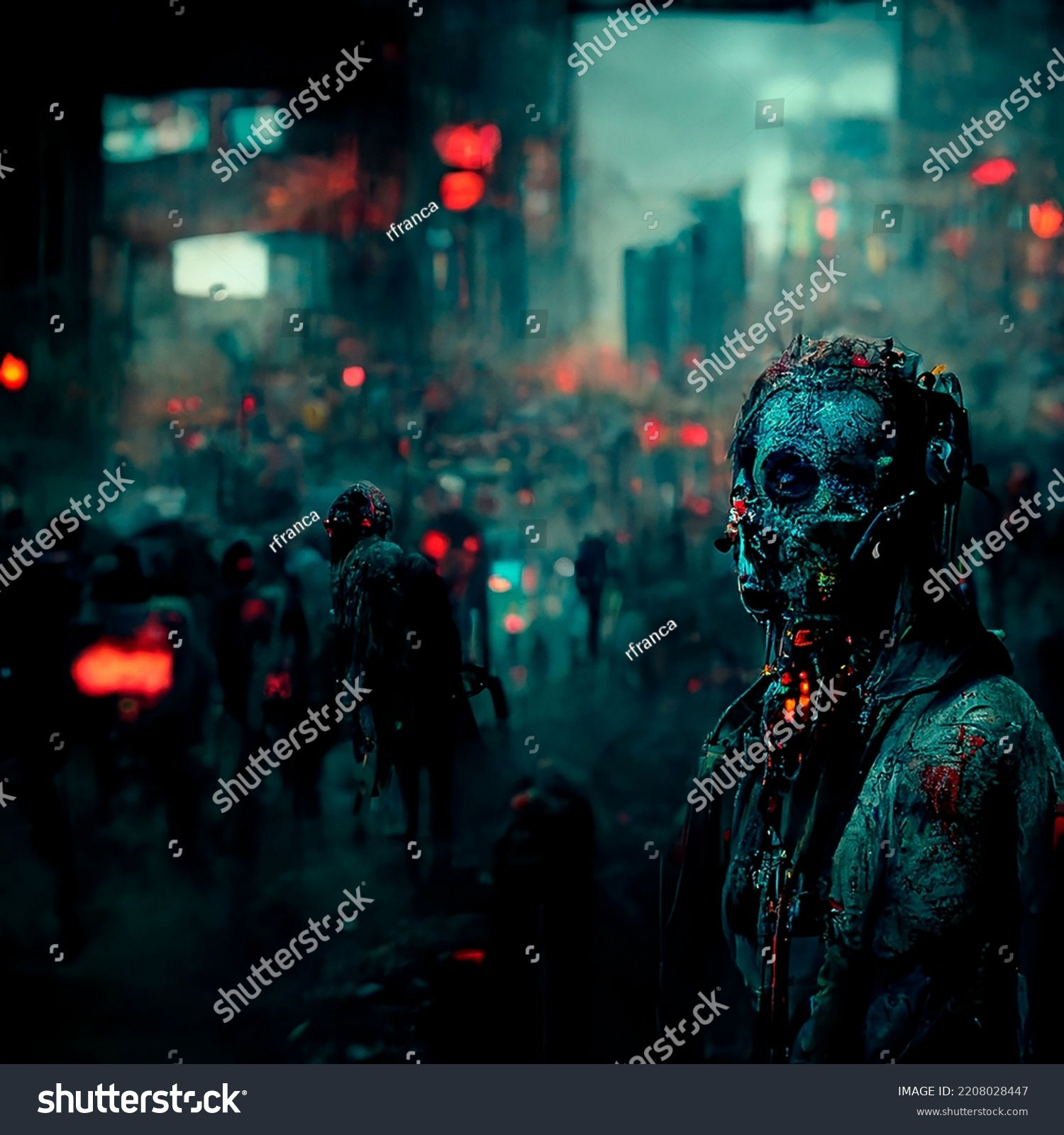 Wallpaper #-ABl5Y4BSdW8dNouzQsN0 Cyberpunk Zombie Apocalyptic City AI Generated Stock Illustration