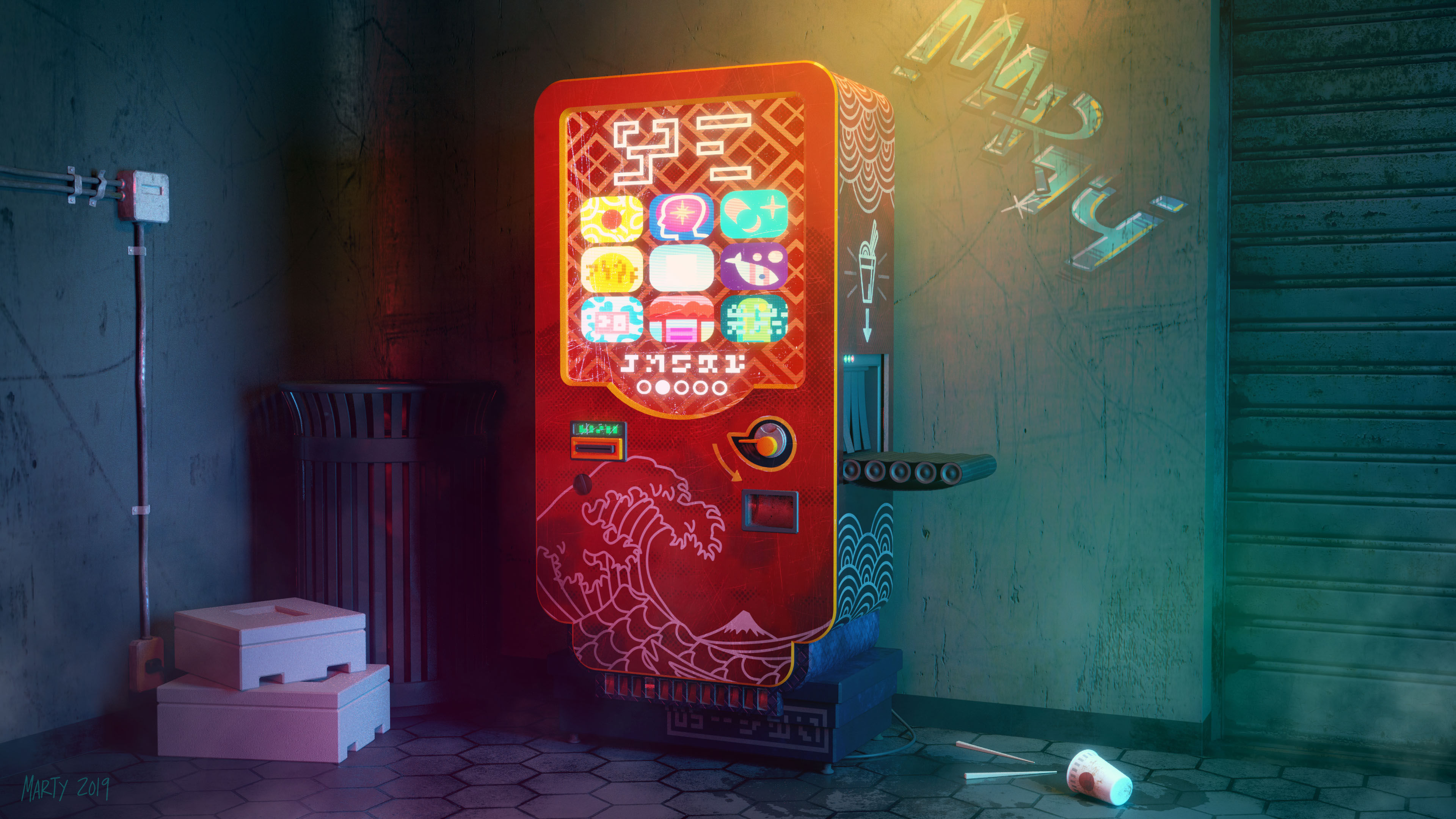 Wallpaper #Qmc2_5IBSpphPi3-FaJe229 Cyberpunk Vending Machine Render Martin Crownover