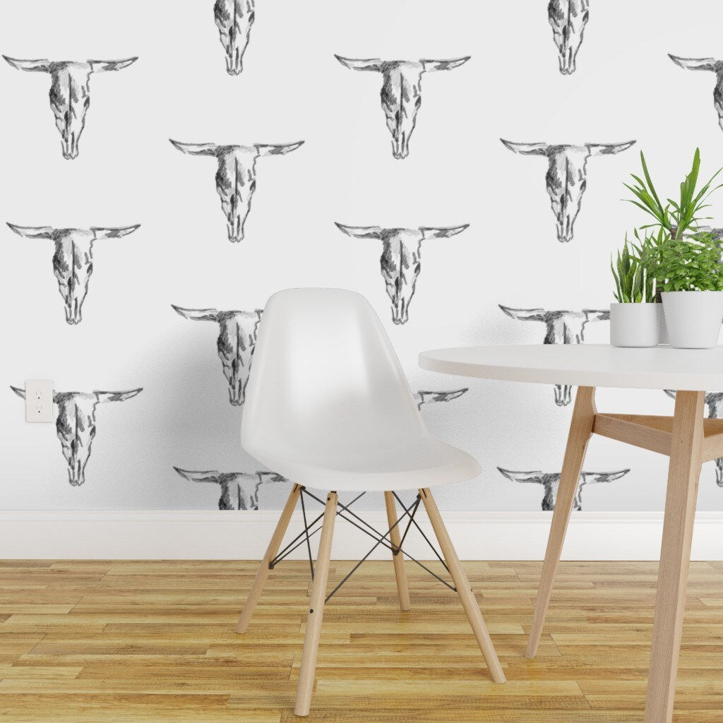 Wallpaper #bmf7CpMBSpphPi3-Utdd243 Pre Pasted Wallpaper 2ft Wide Cow Skull Bull Black White Western Cowboy