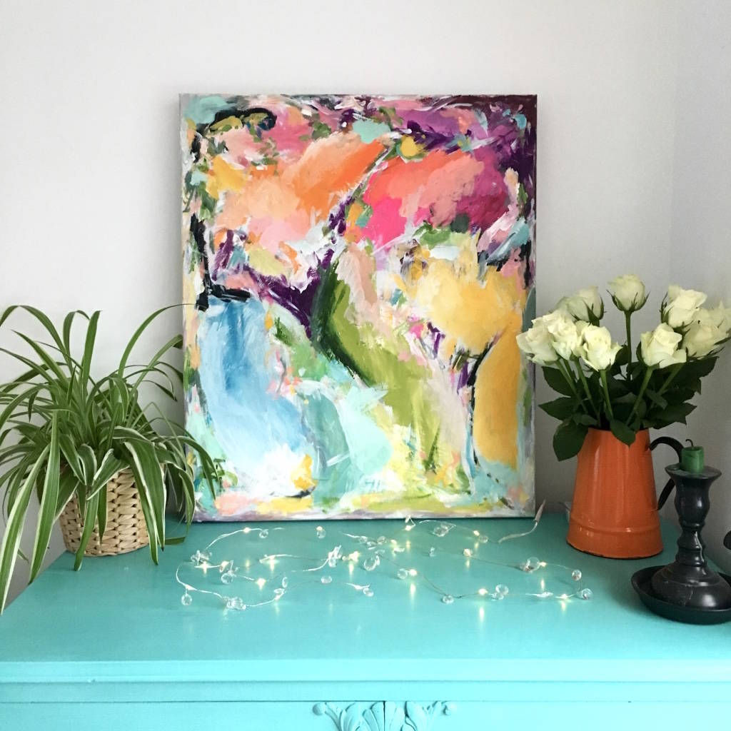 Wallpaper #W2g2IpMBSpphPi3-mTKk25 Multicoloured Abstract Painting Bright Linen Canvas by Paint Me Happy Art