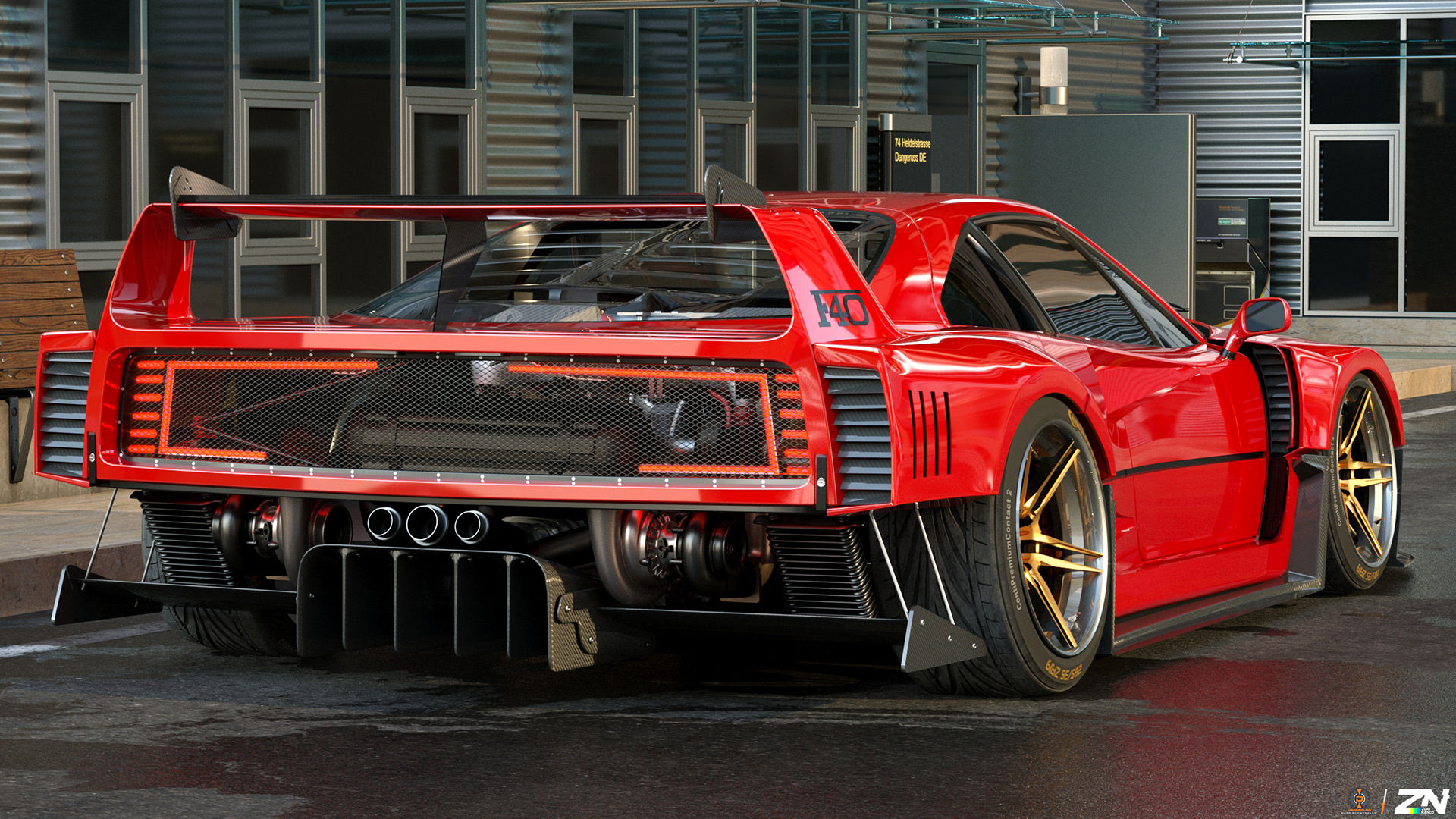 Wallpaper #K3OBh44BFI5NbQksaSEI56 A Red Ferrari F40 Competizione with a Large Rear Wing Parked on a City Street