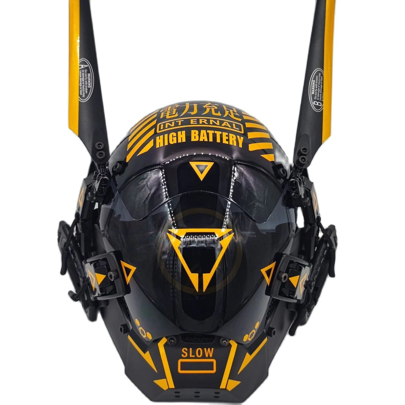 Wallpaper #fUXGmY4B7YBJg1BVcqEw9 A Black and Yellow Futuristic Helmet with Glowing Yellow Eyes and a Glowing Yellow Battery Indicator