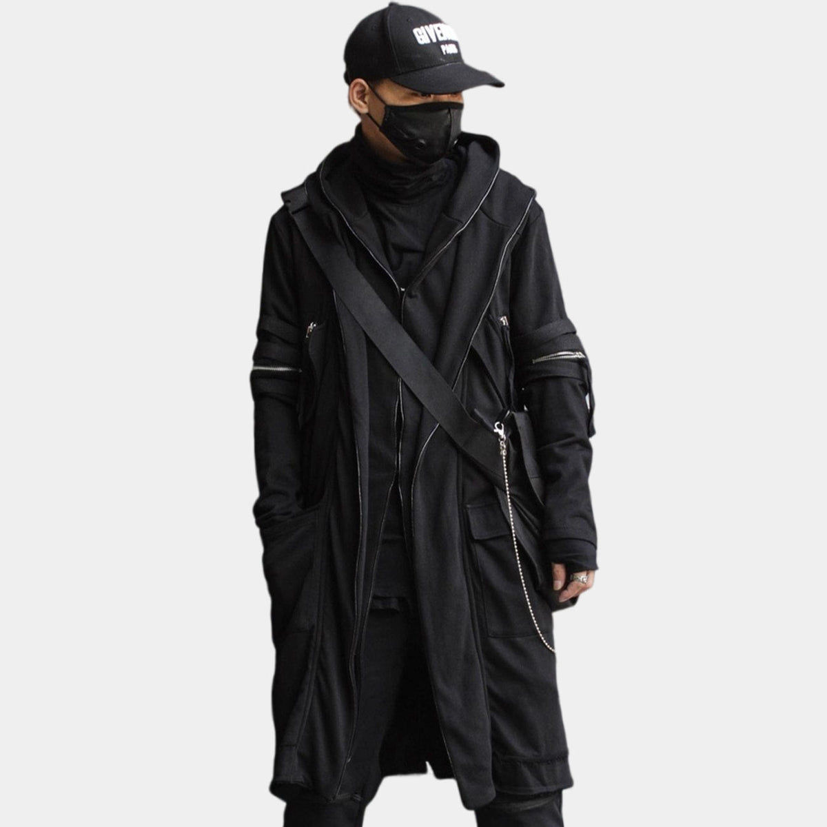 Wallpaper #PUXNk44B7YBJg1BVdZ8J23 A Model Wearing a Black Cyberpunk-Style Trench Coat