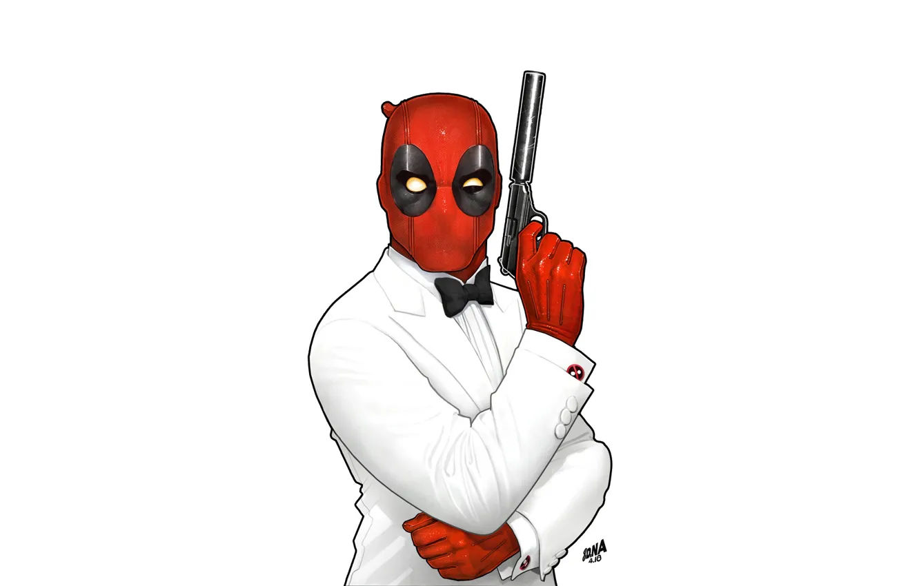 Wallpaper #pZxE4ZIBZHQxiYarGLot220 Wallpaper Minimalism Figure Gun Mask Art Art Tuxedo Deadpool
