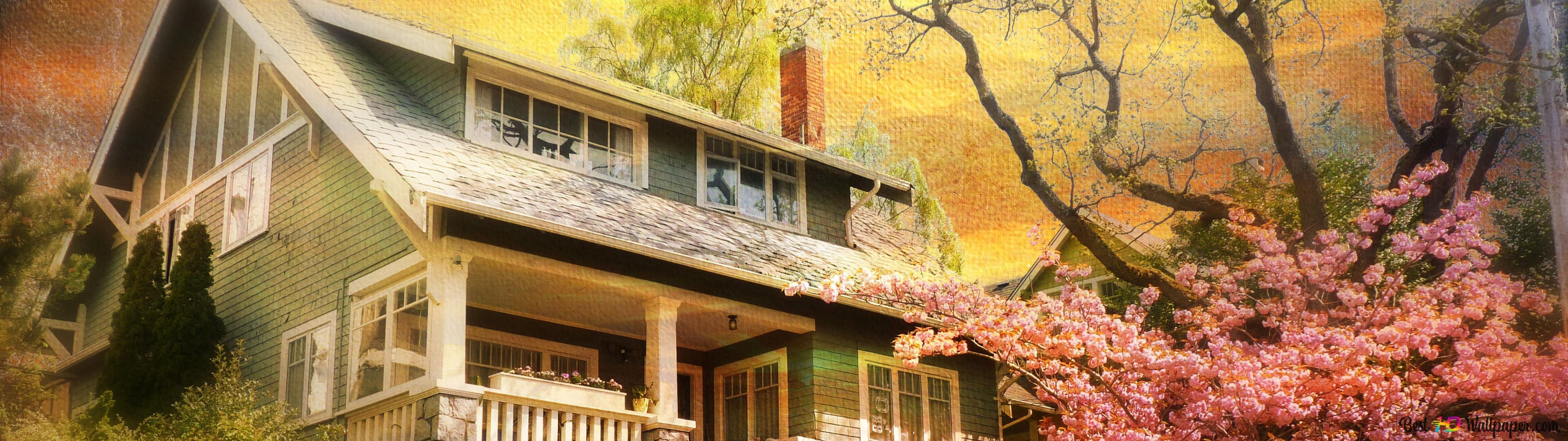 Wallpaper #c6067 Download Flower Tree Car House Retro Vintage Artistic Painting HD Wallpaper