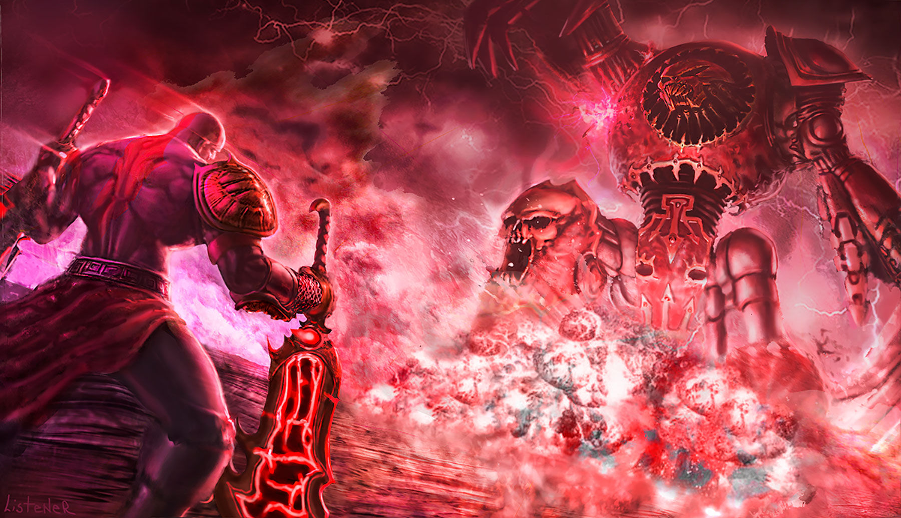 Wallpaper #fKVEOJMBVBiSkHCaLI1q92 Kratos vs Chaos Titan Art by Listenerkz 40k Gallery