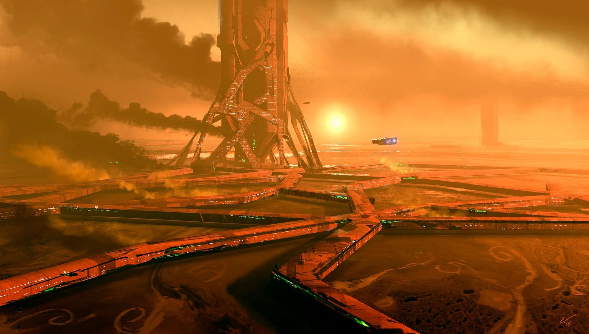 Wallpaper #h2jeIZMBSpphPi3-BDEJ56 Download Orange Color Vehicle Sun Desert Landscape Sci Fi Building HD