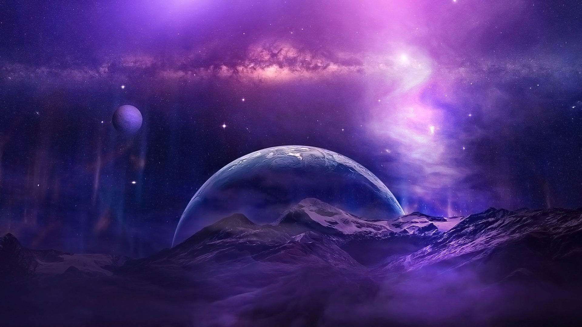 Wallpaper #KWf4-ZIBSpphPi3-E48Y260 Download Purple Sky Night Mountain Galaxy Moon Planet Star Sci Fi Space