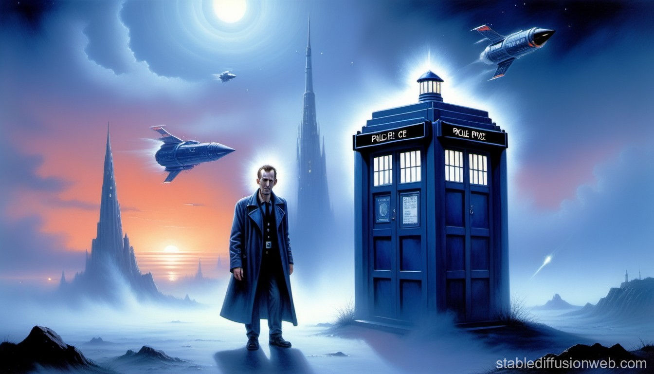 Wallpaper #XGfX_5IBSpphPi3-IaSA286 Sci Fi Scene with Police Box and Spaceships Stable Diffusion Online
