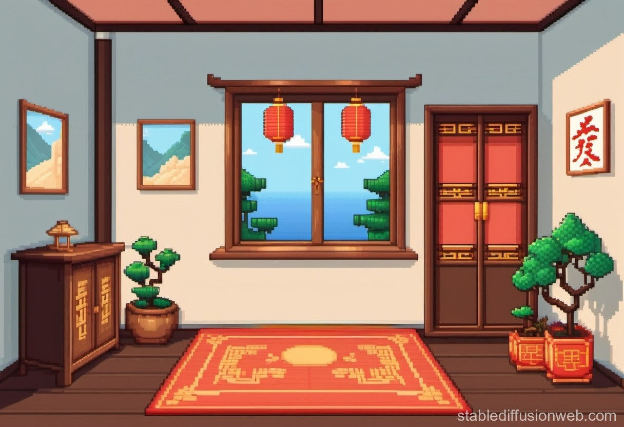 Wallpaper #YVanepcBsd6xcFiEltxK27 Summery Chinese Room with Minimalist Pixel Art Stable Diffusion Online