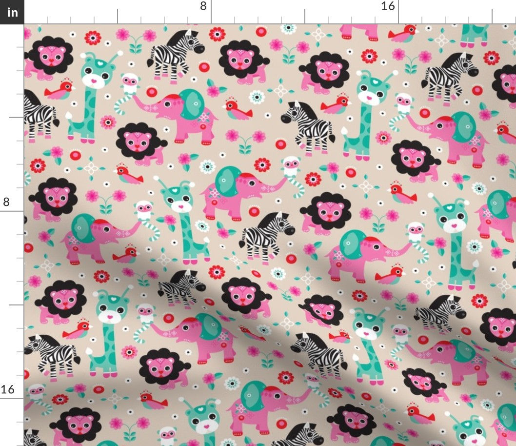 Wallpaper #Y3fvJ5MB-pgBXx6056hz234 Adorable Pink Jungle Zoo Animals Elepant Fabric Spoonflower