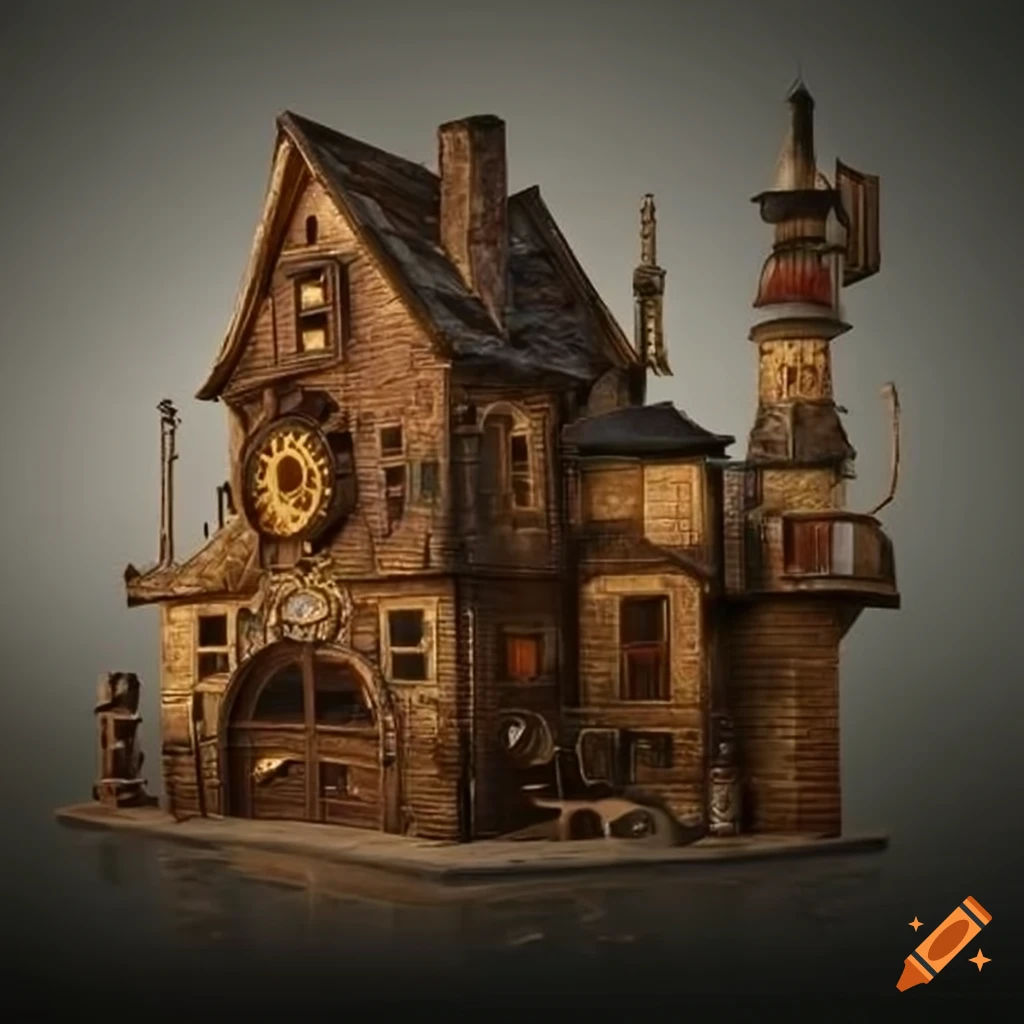 Wallpaper #FWcrDpMBSpphPi3-Remc5 Steampunk Workshop House on Craiyon