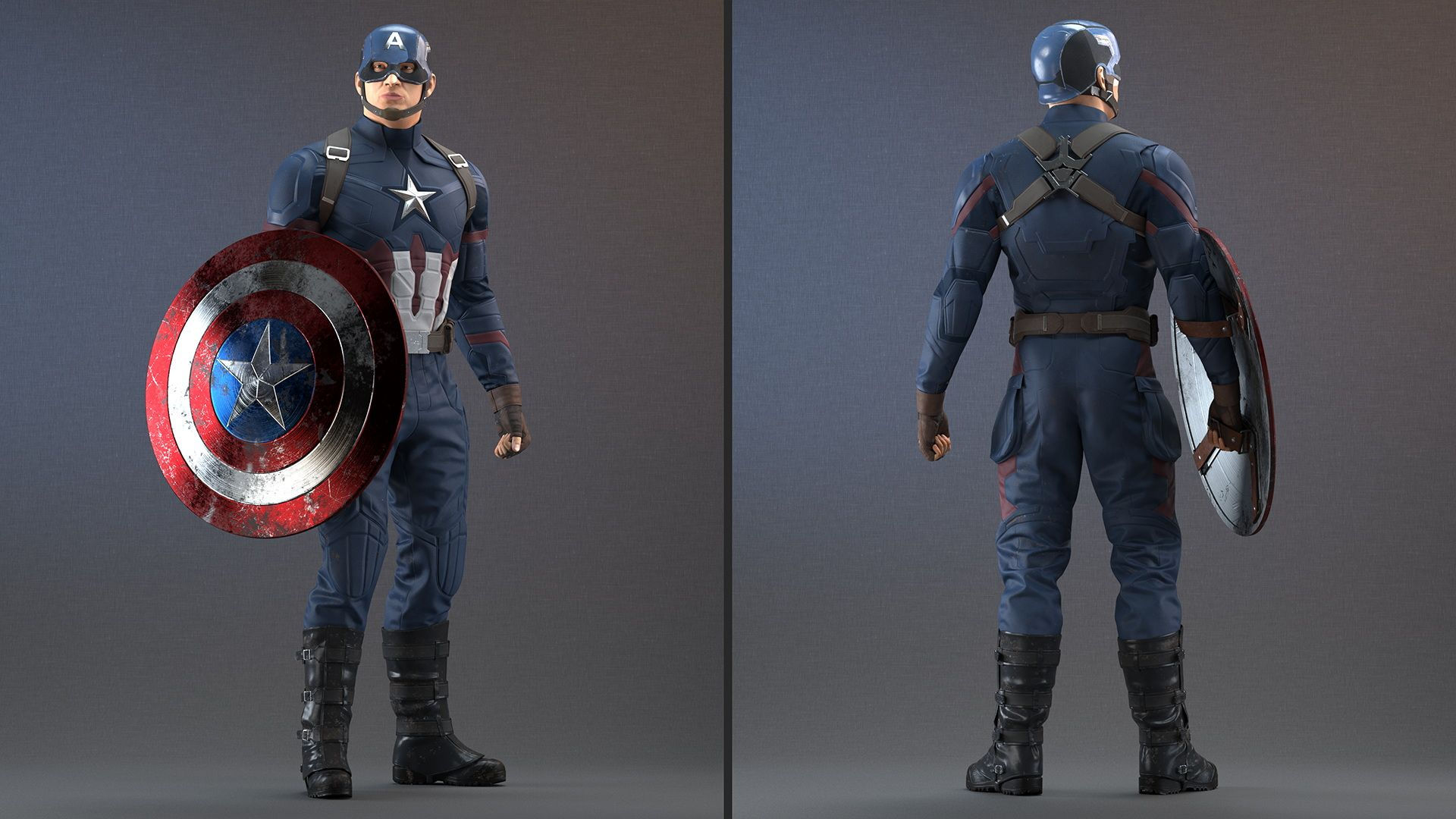 Wallpaper #9GcMCJMBSpphPi3-_8hW245 Captain America Standing in Worn Suit 3D Model 149 3ds Blend C4d