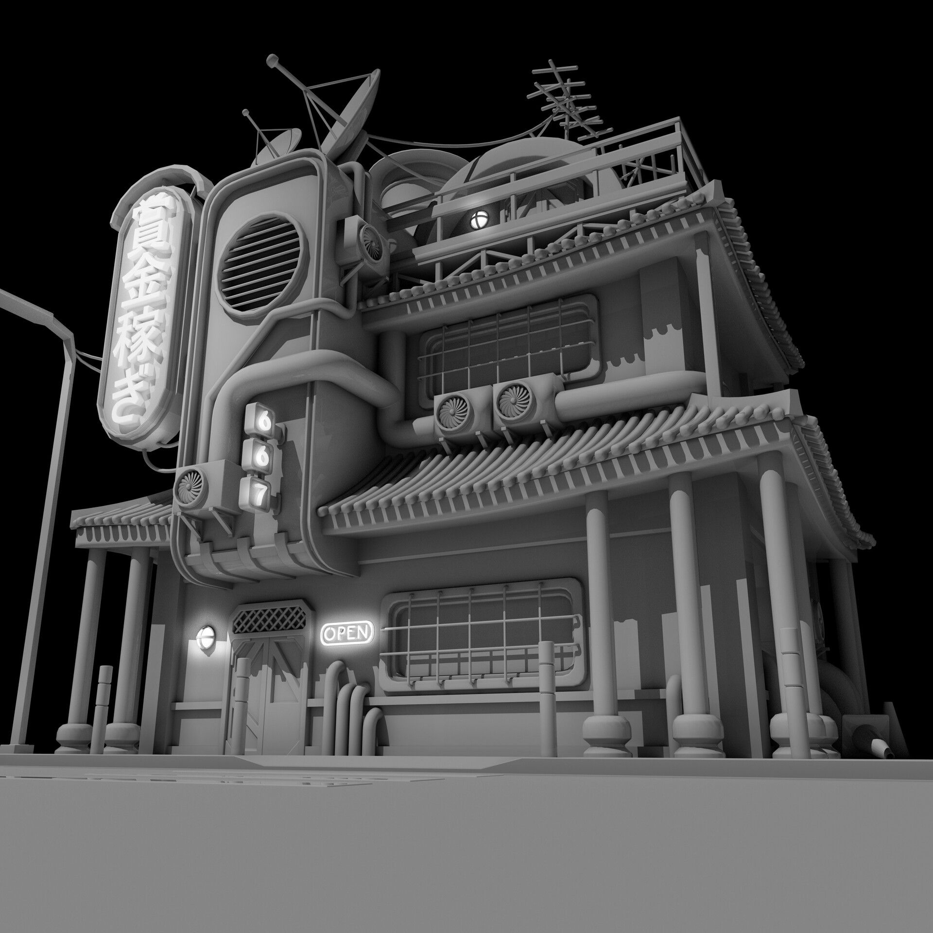 Wallpaper #FWcrDpMBSpphPi3-Remc228 Mike Hubert Cyberpunk Japanese House Concept Art