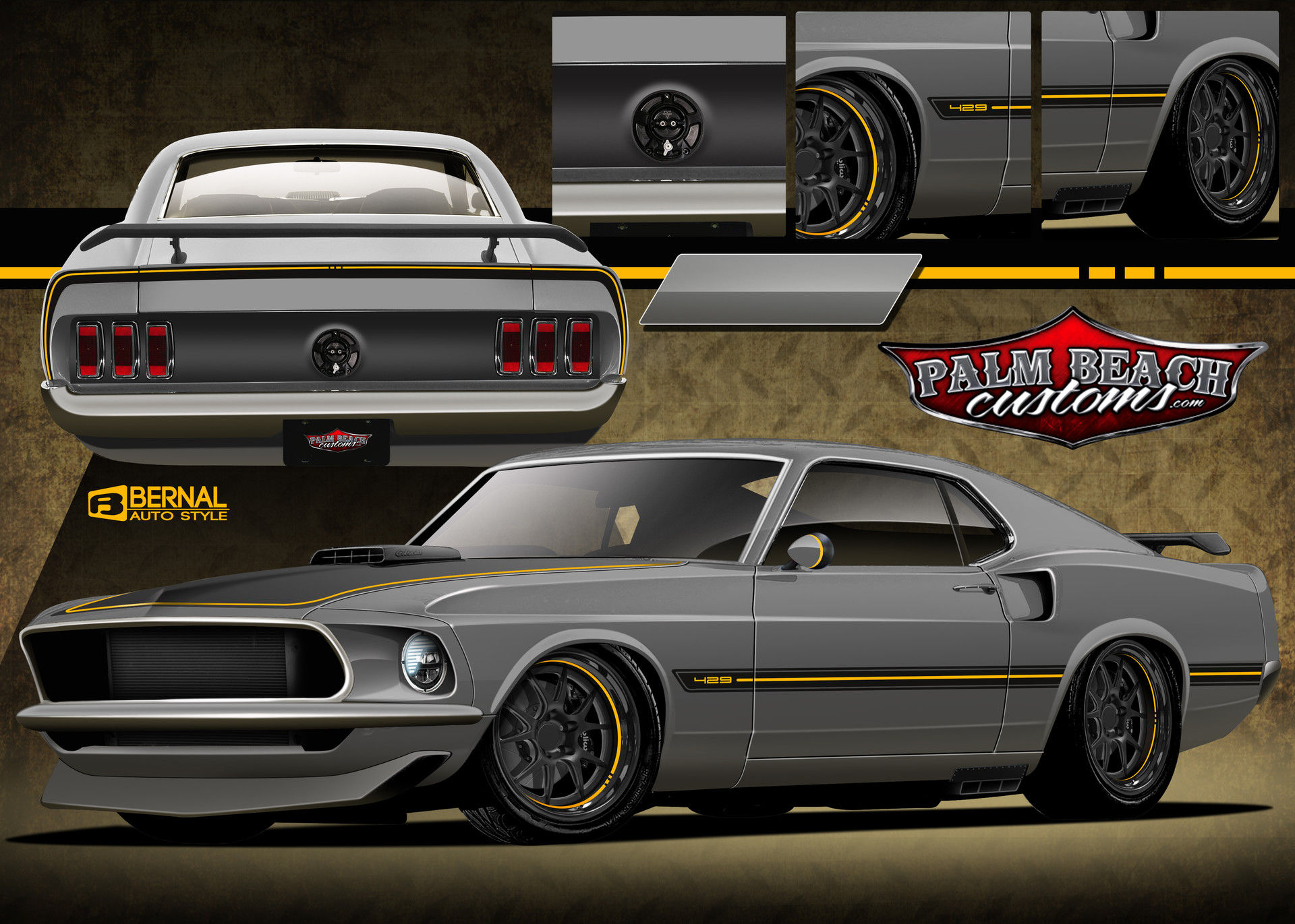 Wallpaper #GUUPmI4B7YBJg1BV-qHR43 A Gray and Yellow Custom Ford Mustang Mach 1 by Palm Beach Customs