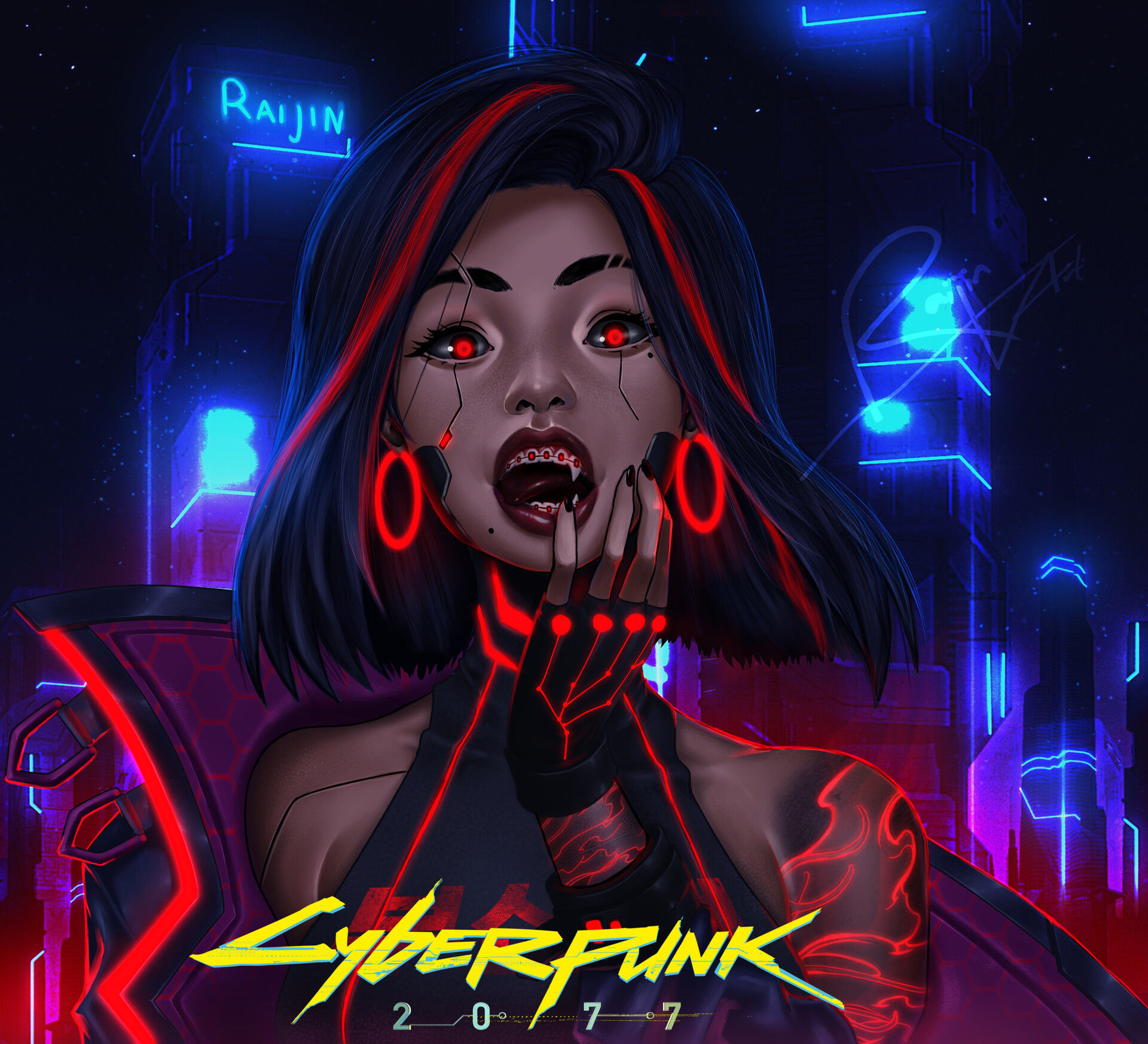 Wallpaper #vX2E9I4Bnwiau_P6Sg_V44 Artstation Cyberpunk Girl Red