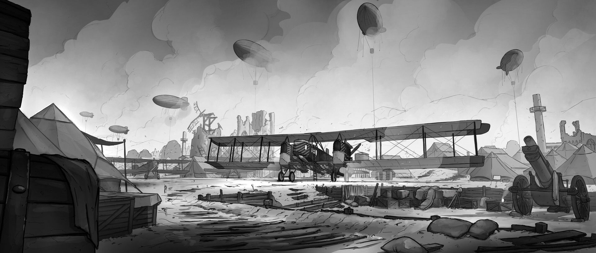 Wallpaper #YWfx8JIBSpphPi3-EGk4113 Charles Lin Steampunk Great War Airfield