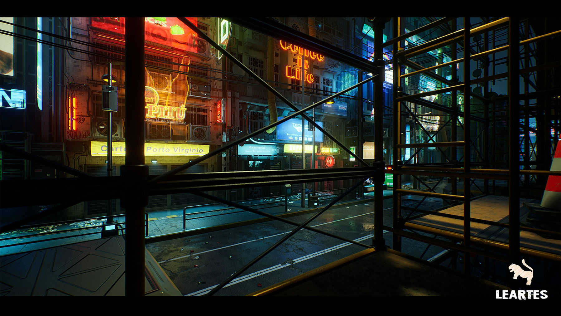Wallpaper #yXMxg44BFI5NbQks-hkh34 A Dark and Rainy Cityscape at Night with Neon Lights Reflecting Off the Wet Streets