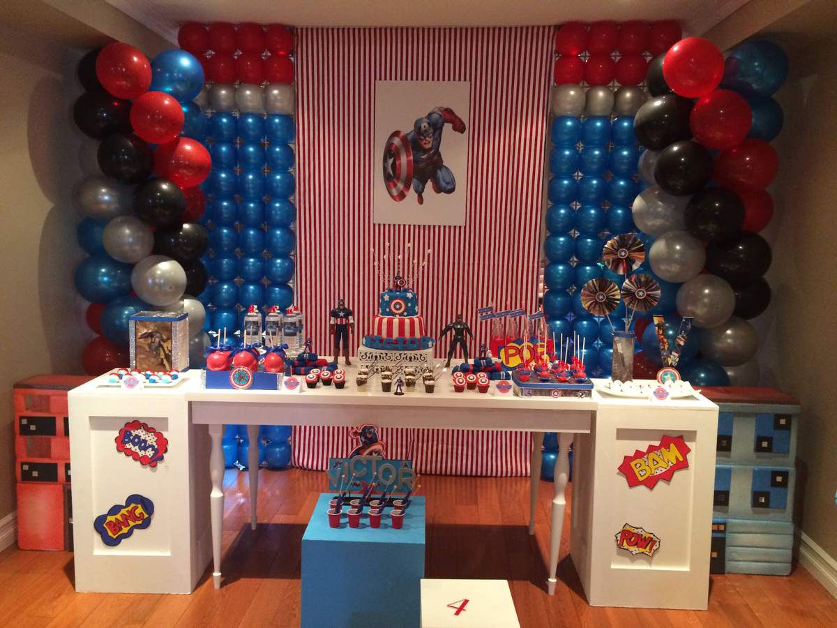 Wallpaper #THPrgo4BFI5NbQkszxmX22 A Child's Birthday Party Decorated with Red, White, and Blue Balloons and a Captain America Theme
