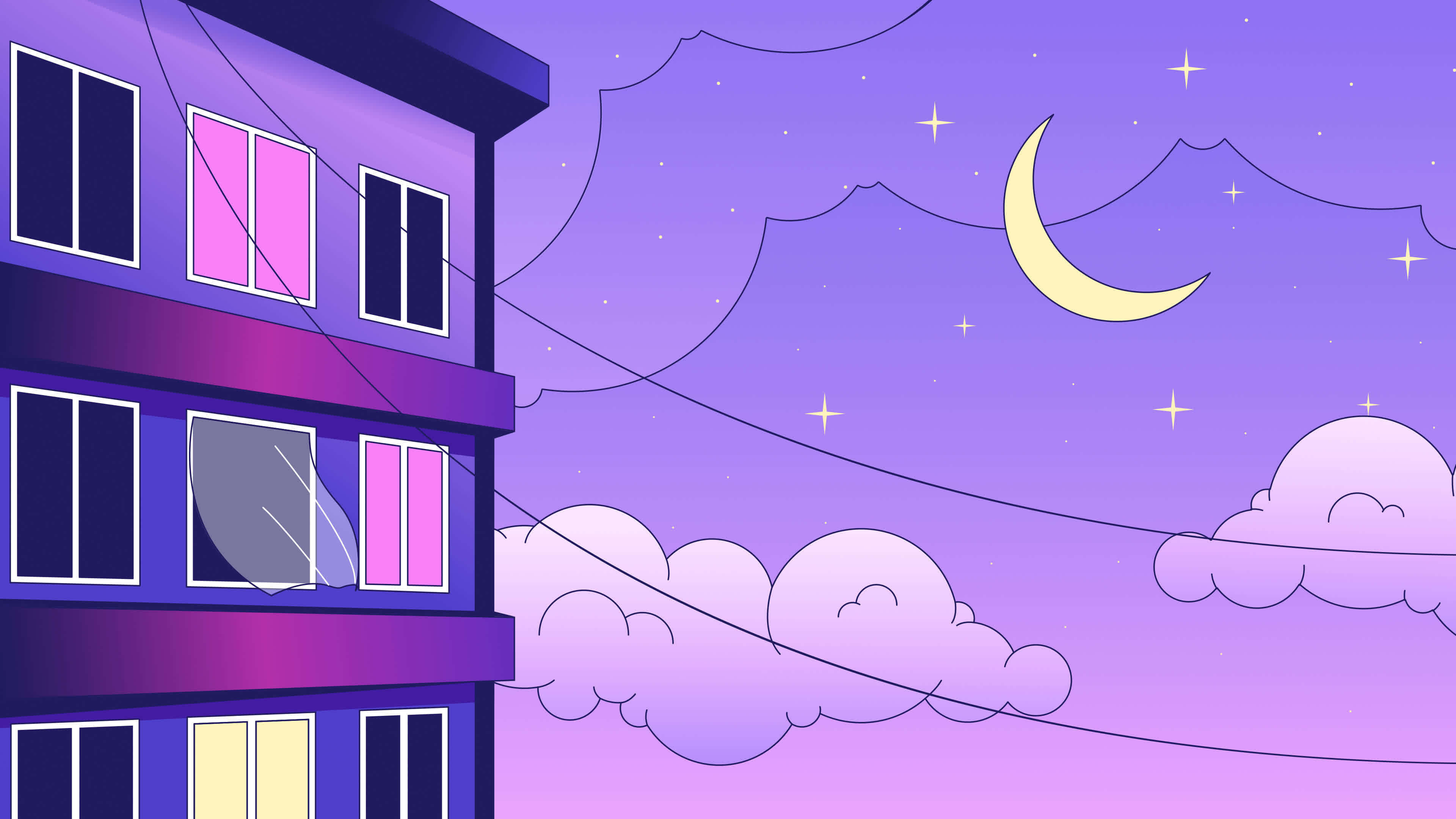 Wallpaper #MHe-JpMB-pgBXx60rKNc185 Apartment Night Lo Fi Animation Blinking Light in Windows Building