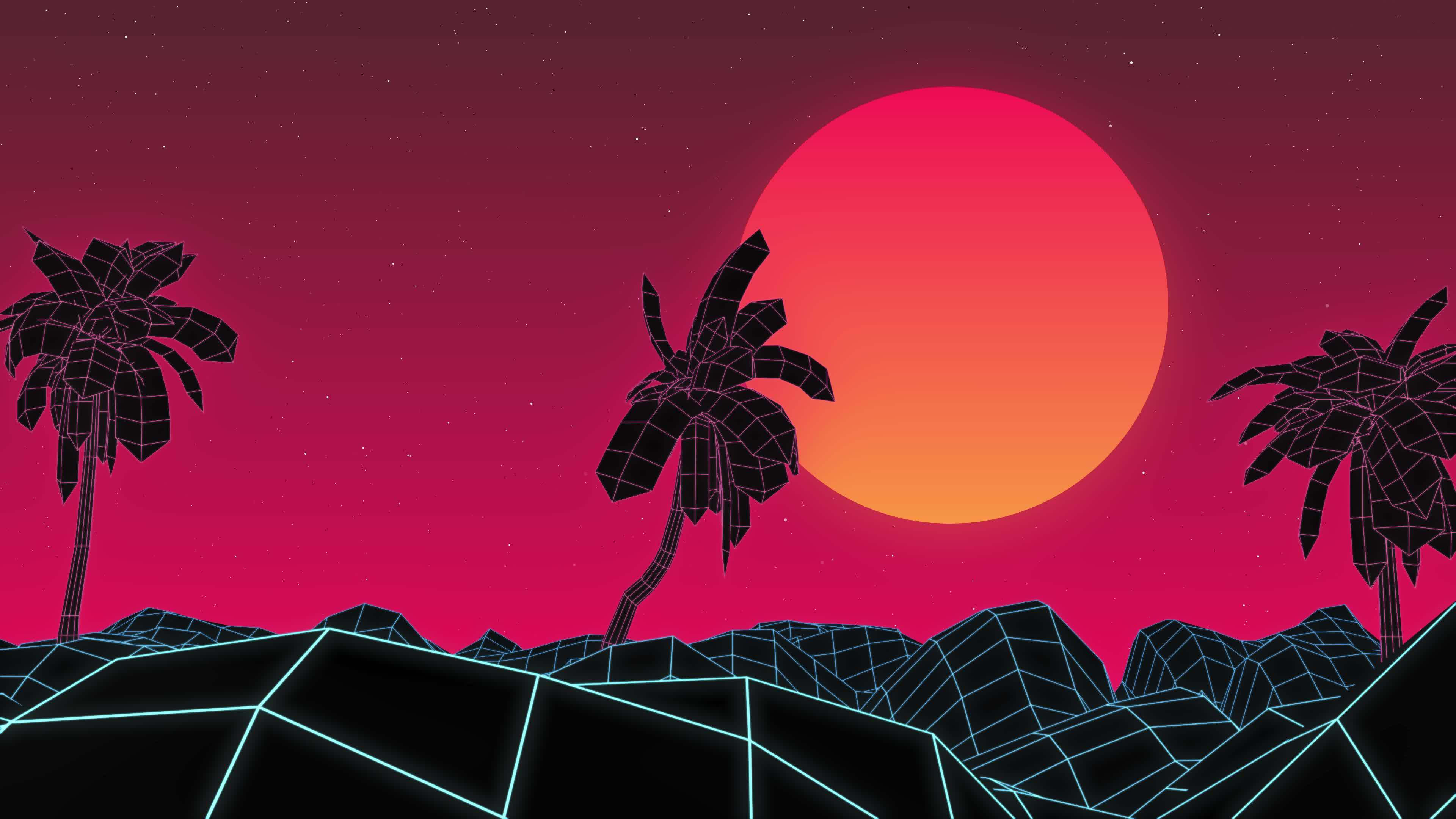 Wallpaper #_ILhP5MB0GiFKesMP79l56 Palm Trees and Mountains Grid Surface Background Animation Orange Red