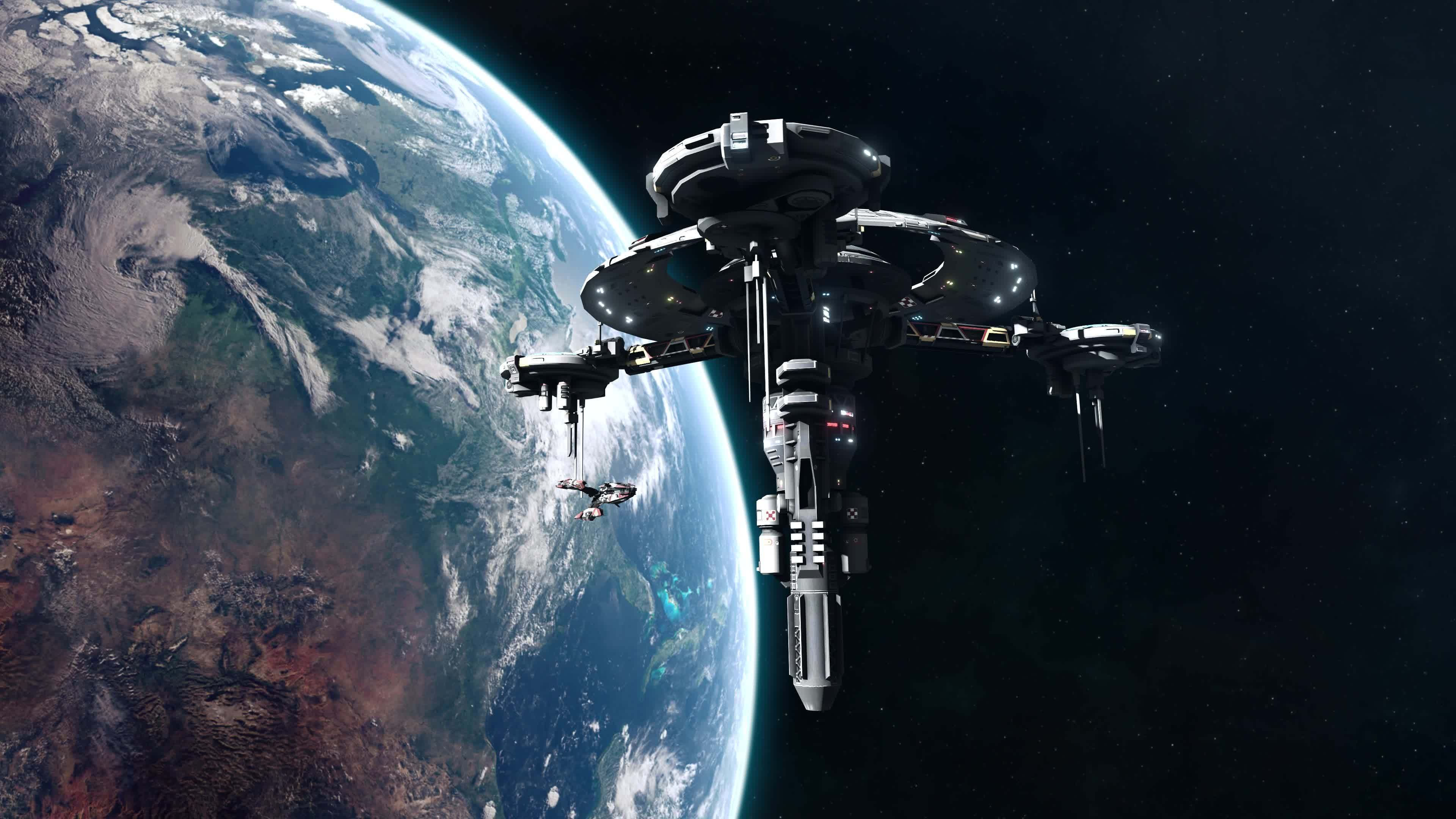 Wallpaper #W2dA_5IBSpphPi3-PqJe220 Sci Fi Battleship Leaving Space Station in Earth Orbit 13753489 Stock