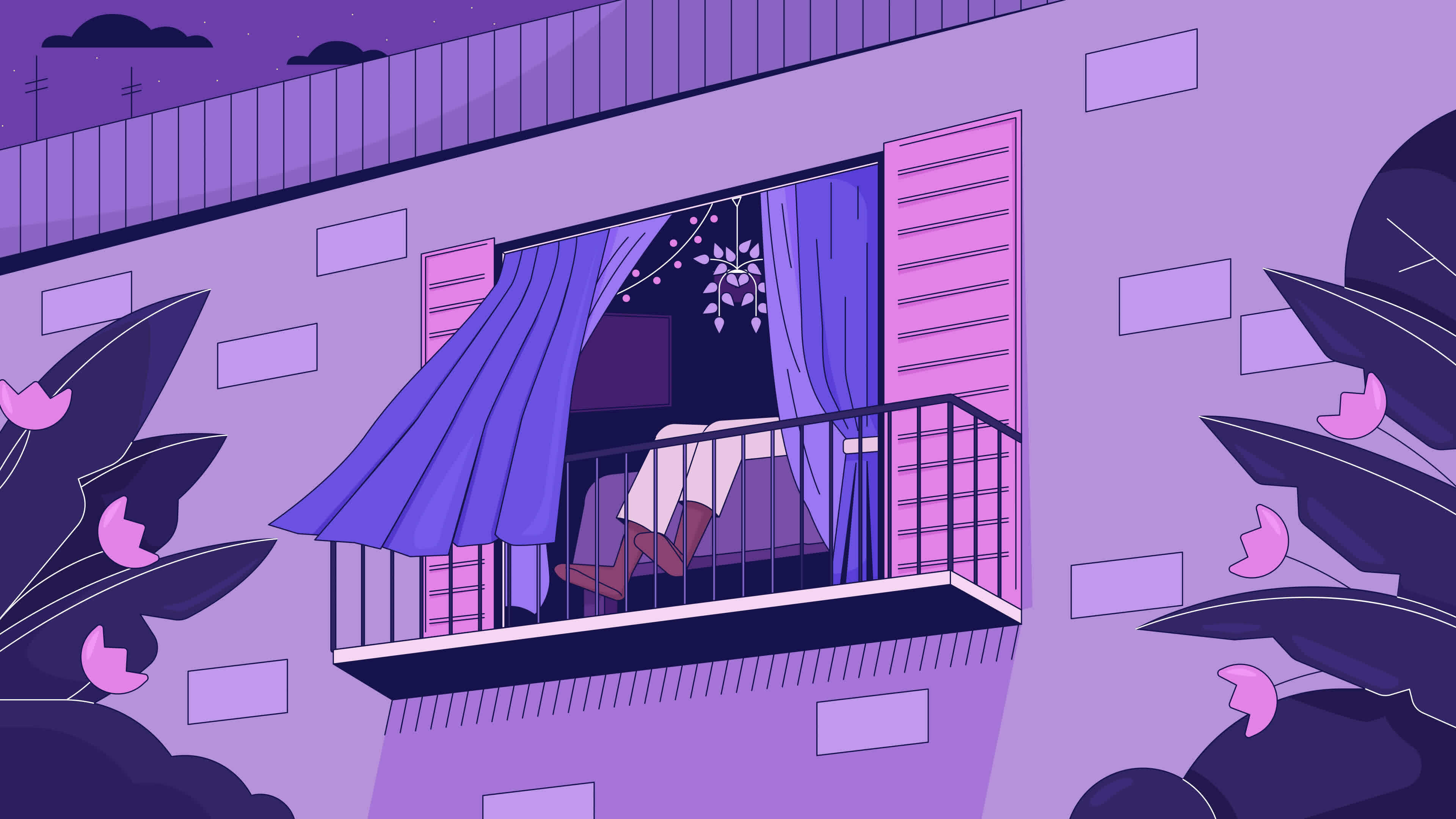 Wallpaper #SmebDJMBSpphPi3-Yd_c248 Relaxing on Balcony Lo Fi Animated Cartoon Background Curtain Open