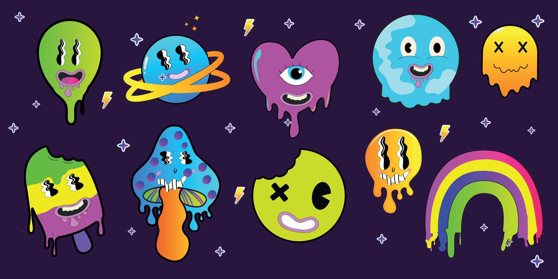 Wallpaper #PGiaG5MBSpphPi3-TiDb42 Psychedelic Cartoon Sticker Set Funny Faces with Distorted Eyes and
