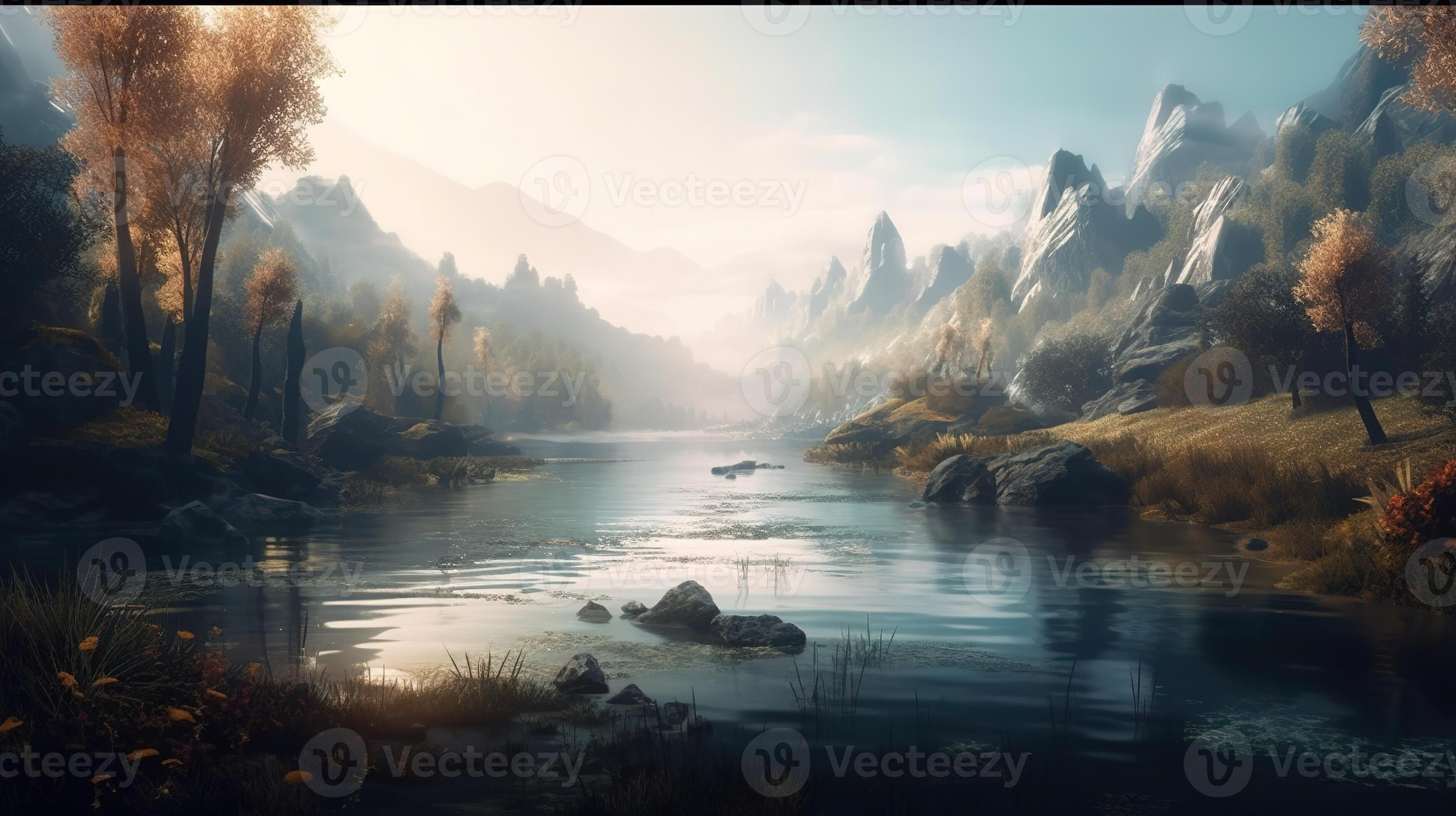 Wallpaper #s2eP7pIBSpphPi3-AF09206 Lake Fantasy Backdrop Concept Art Realistic Illustration Background