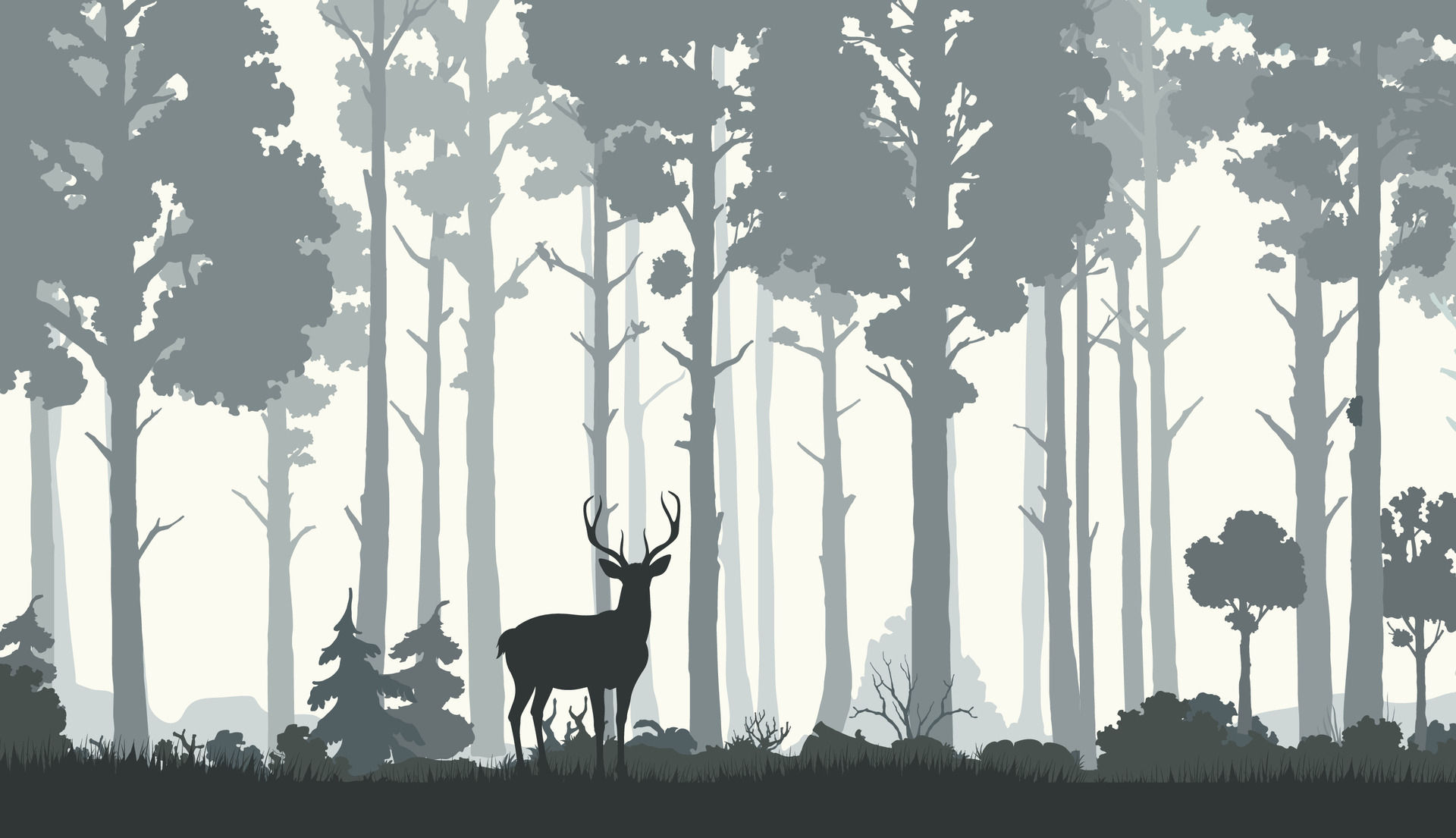 Wallpaper #lGcDC5MBSpphPi3-T9ct369 Silhouettes of Morning Forest with Deer and Trees 26177862 Vector Art