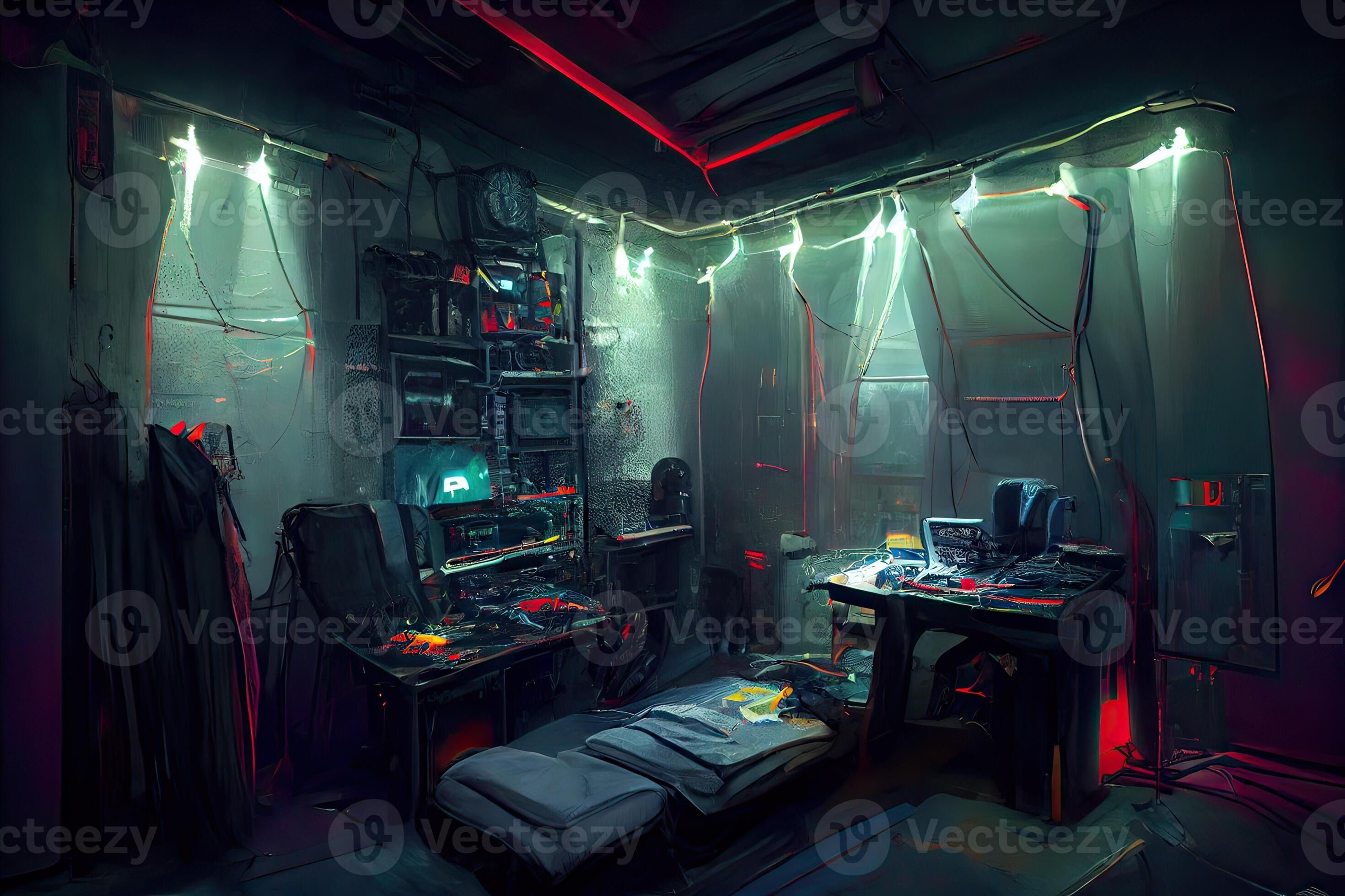 Wallpaper #Ac5qJZMB71dOy6JZZxRn55 Illustration of Messy and Dark Cyberpunk Hacker Hideout Room with
