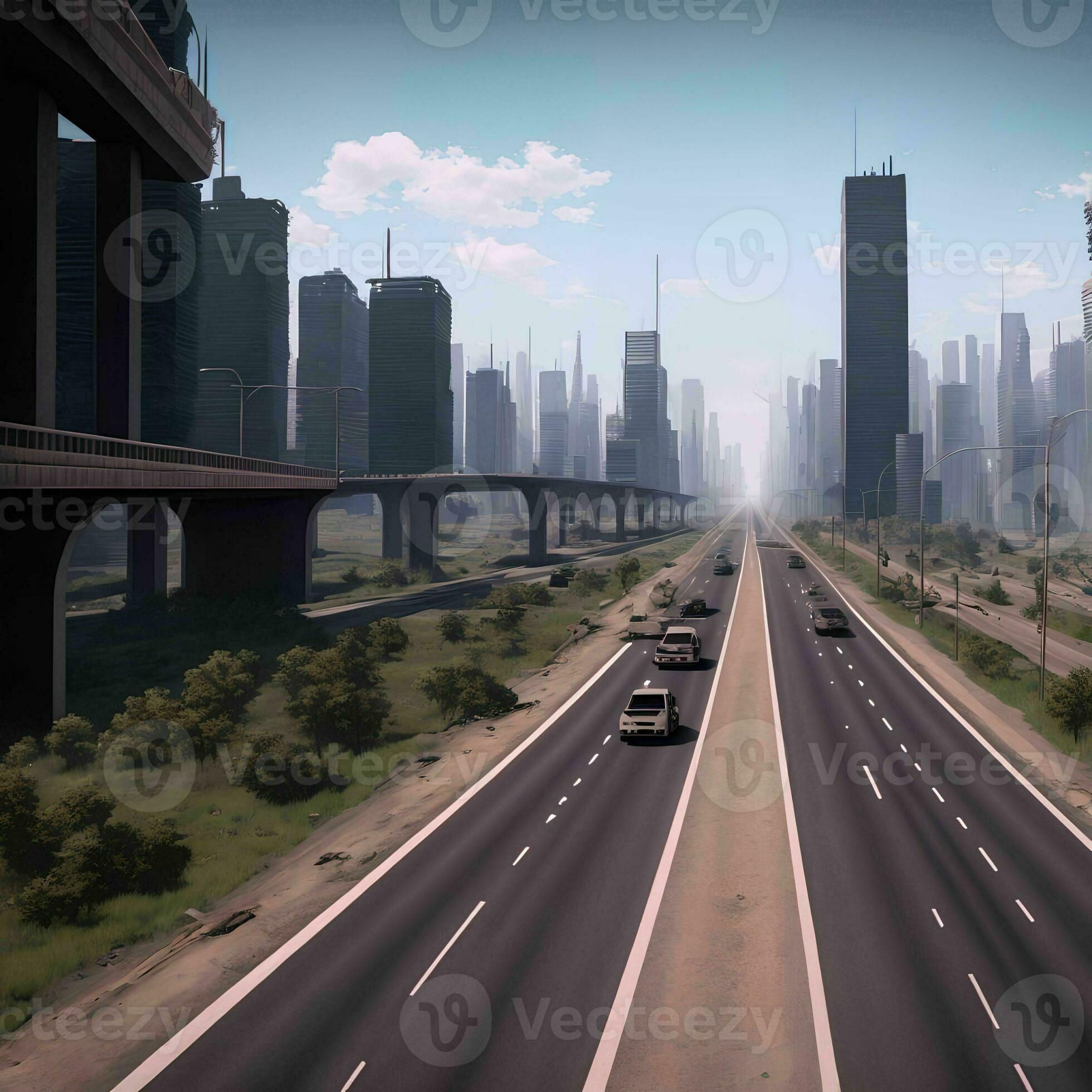 Wallpaper #oJl_P5MBUcASHT6nQswf275 Post Apocalyptic City with Highway Generative Art by AI 23998016