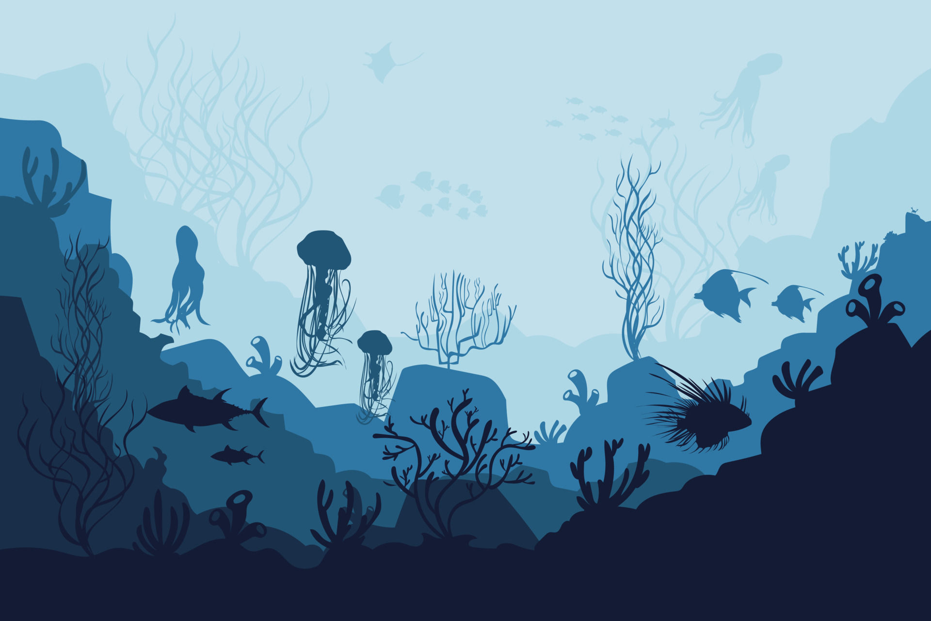 Wallpaper #1mc1CJMBSpphPi3-Ccl746 Underwater Ocean Background Black Silhouettes Swimming Sea Fish with