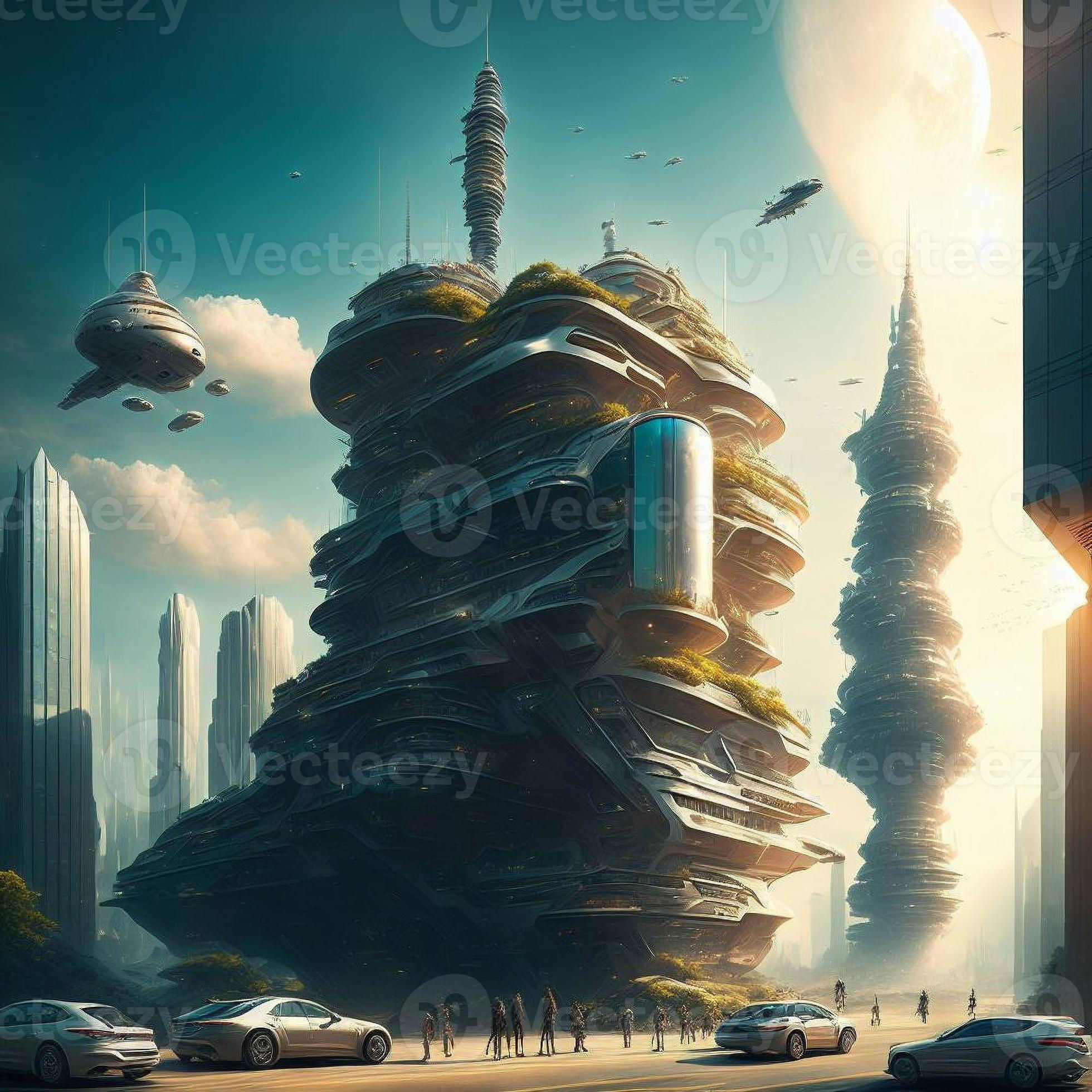 Wallpaper #J3058o4Bnwiau_P6HAuj49 Concept Art Future City Building Tower at Outer Space Generative Art