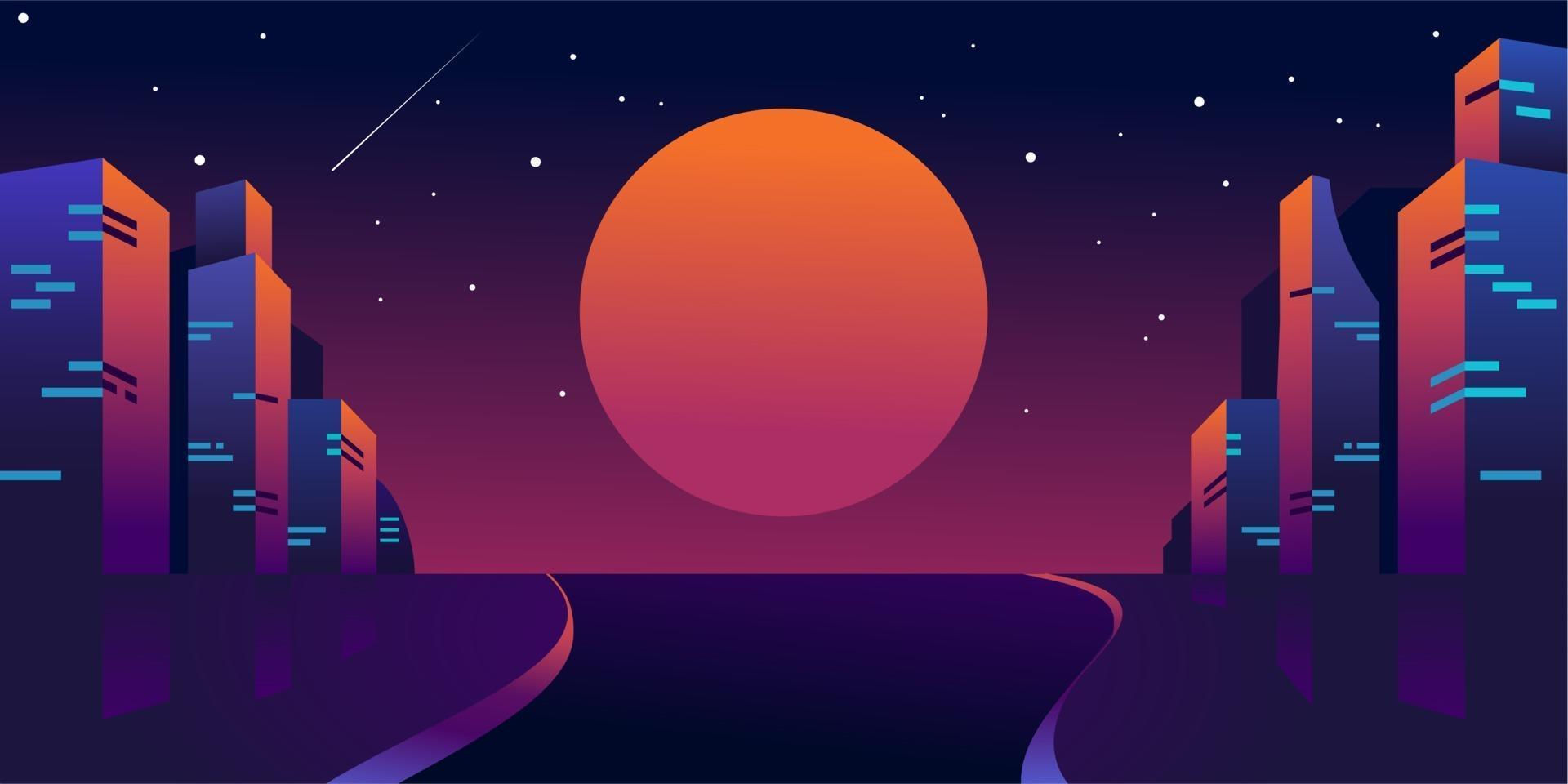 Wallpaper #6hkQEI8BtGB6xQ78Xl3y22 Retro Futuristic Night City with Moon or Sun Cityscape of Cyber Punk